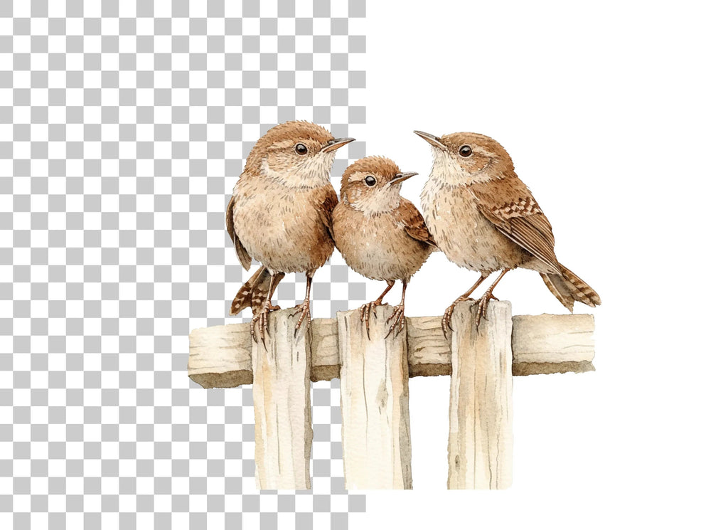 Wren Family on Wooden Fence Clipart Bundle