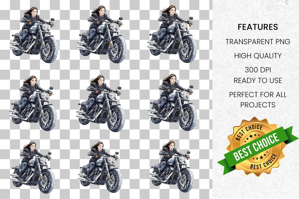 Cool Woman Riding Motorcycle Clipart Bundle