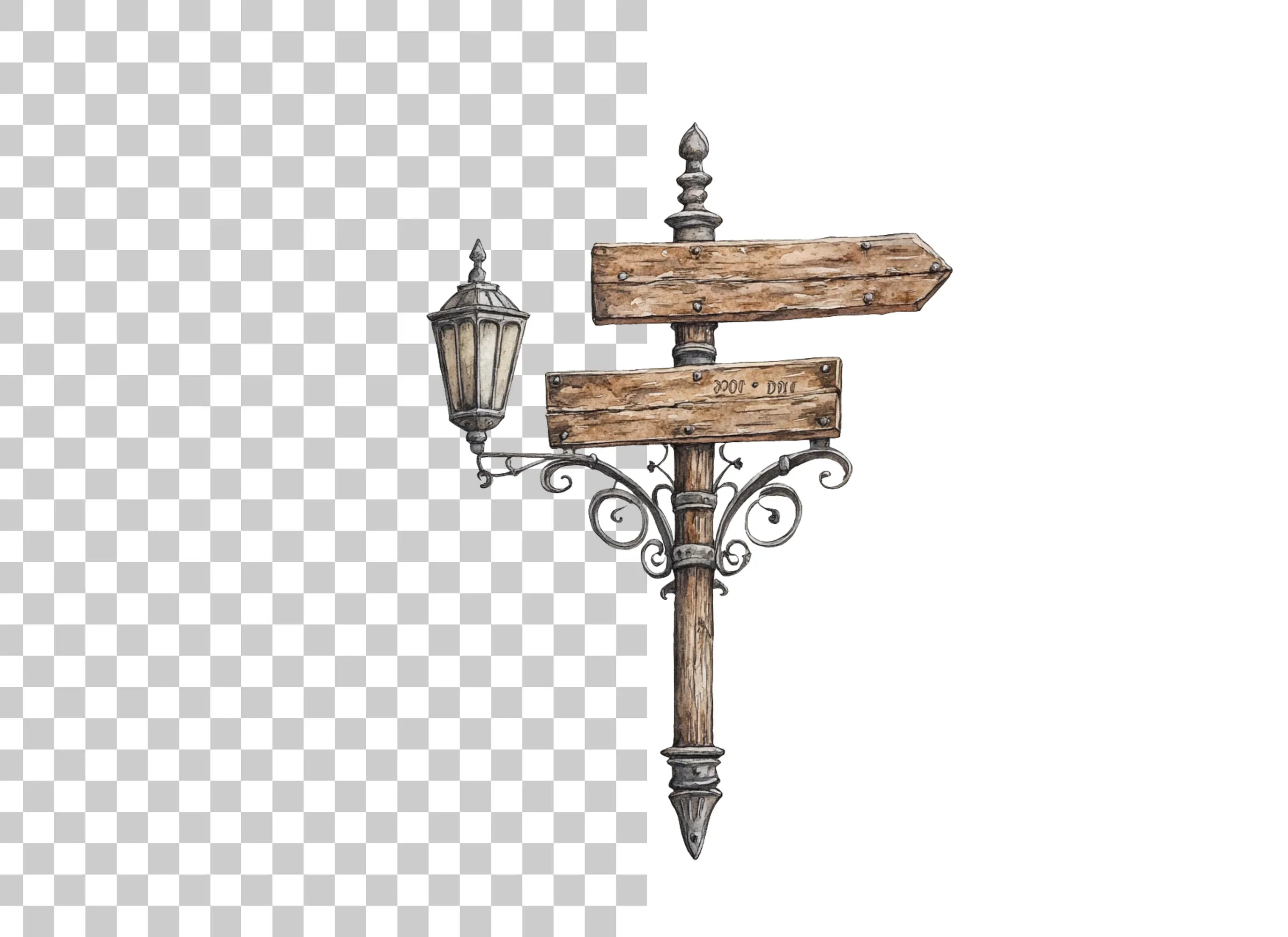 Vintage Wooden Signpost with Lantern Clipart Bundle