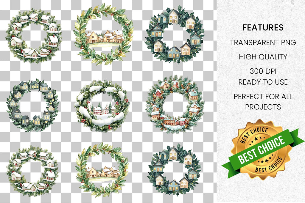 Winter Village Wreath Clipart Bundle
