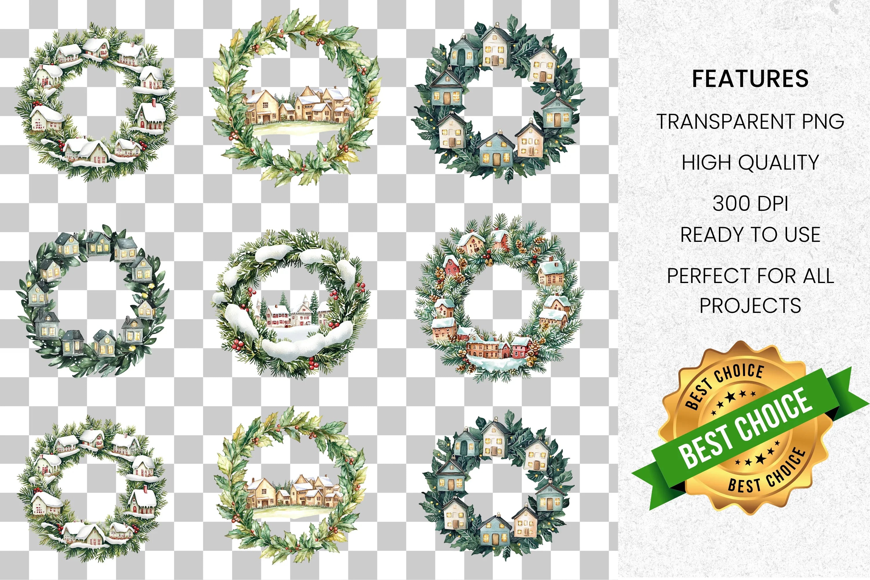 Winter Village Wreath Clipart Bundle