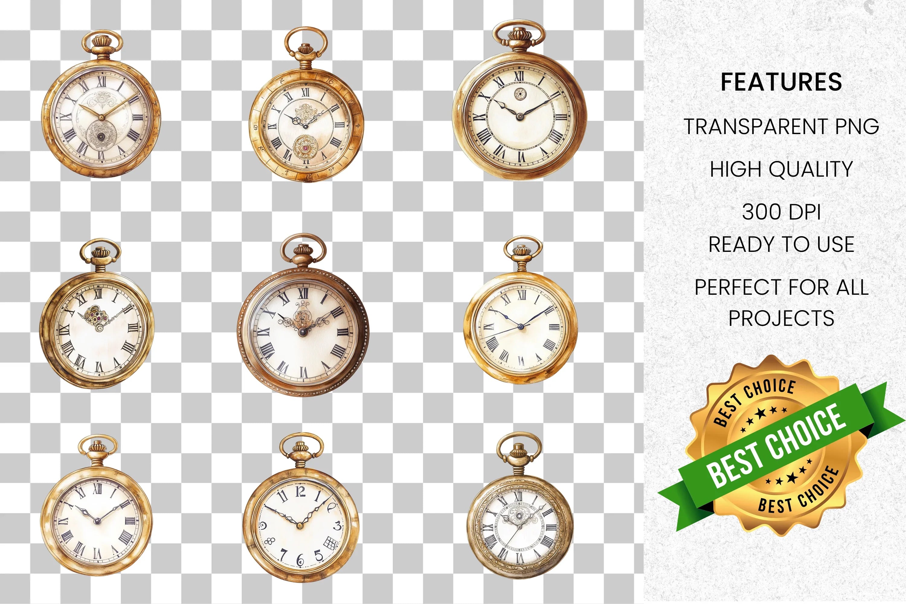 Vintage Pocket Watch Clipart Bundle