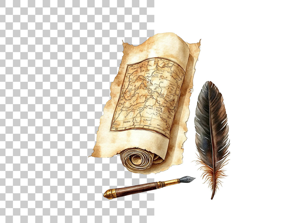 Vintage Scroll Maps & Quill Pen Clipart Bundle