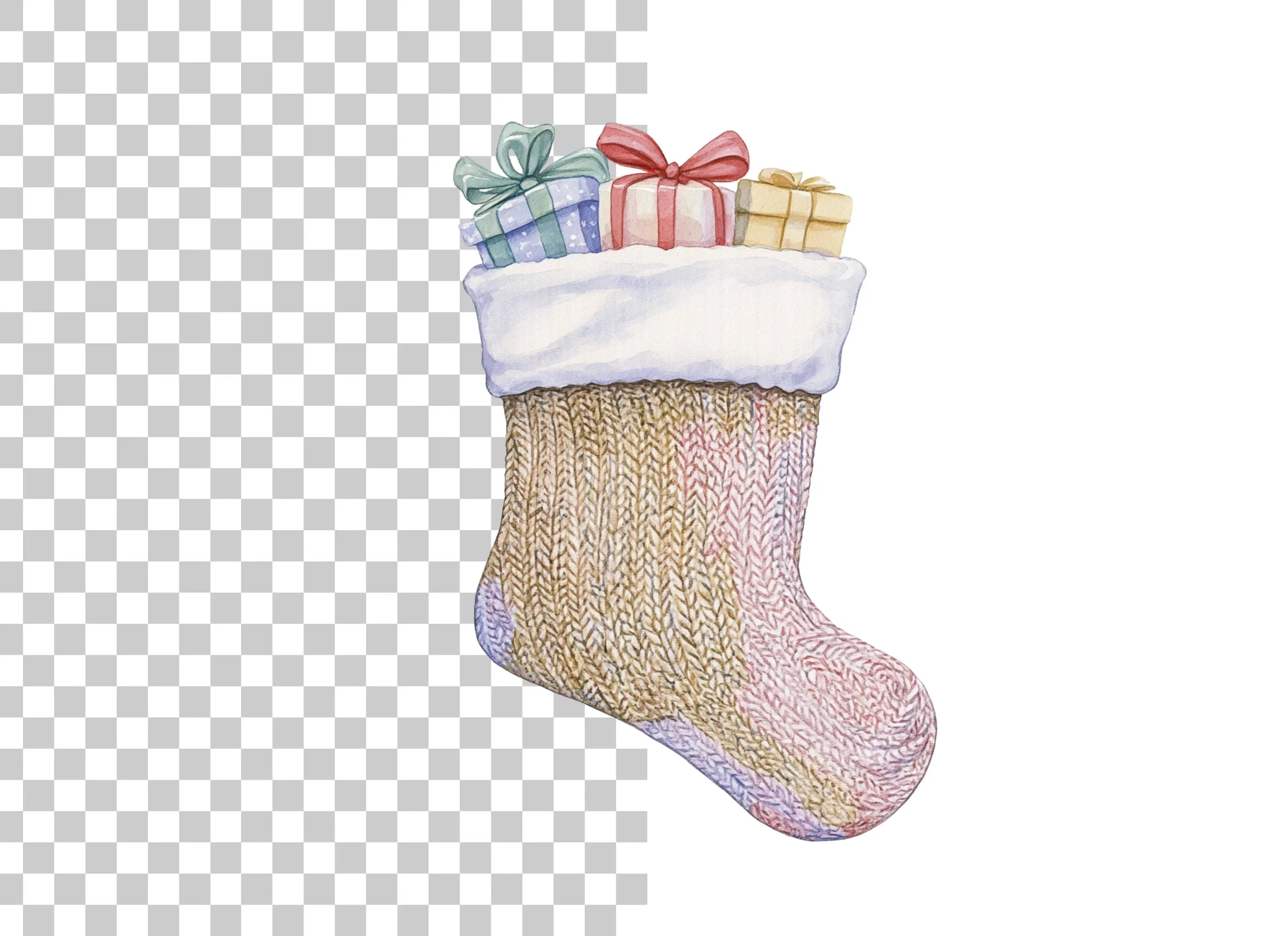 Knitted Christmas Stocking with Gifts Clipart Bundle