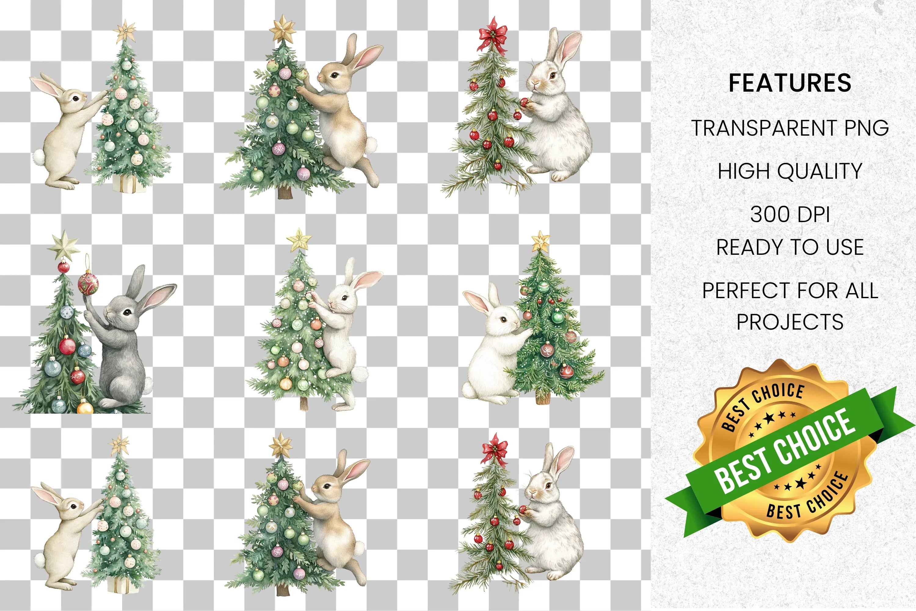 Cute Christmas Bunny Tree Clipart Bundle