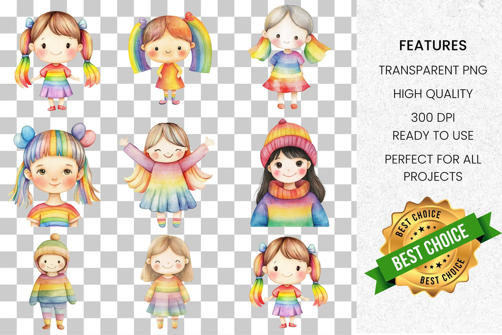 Adorable Rainbow Girls Clipart Bundle