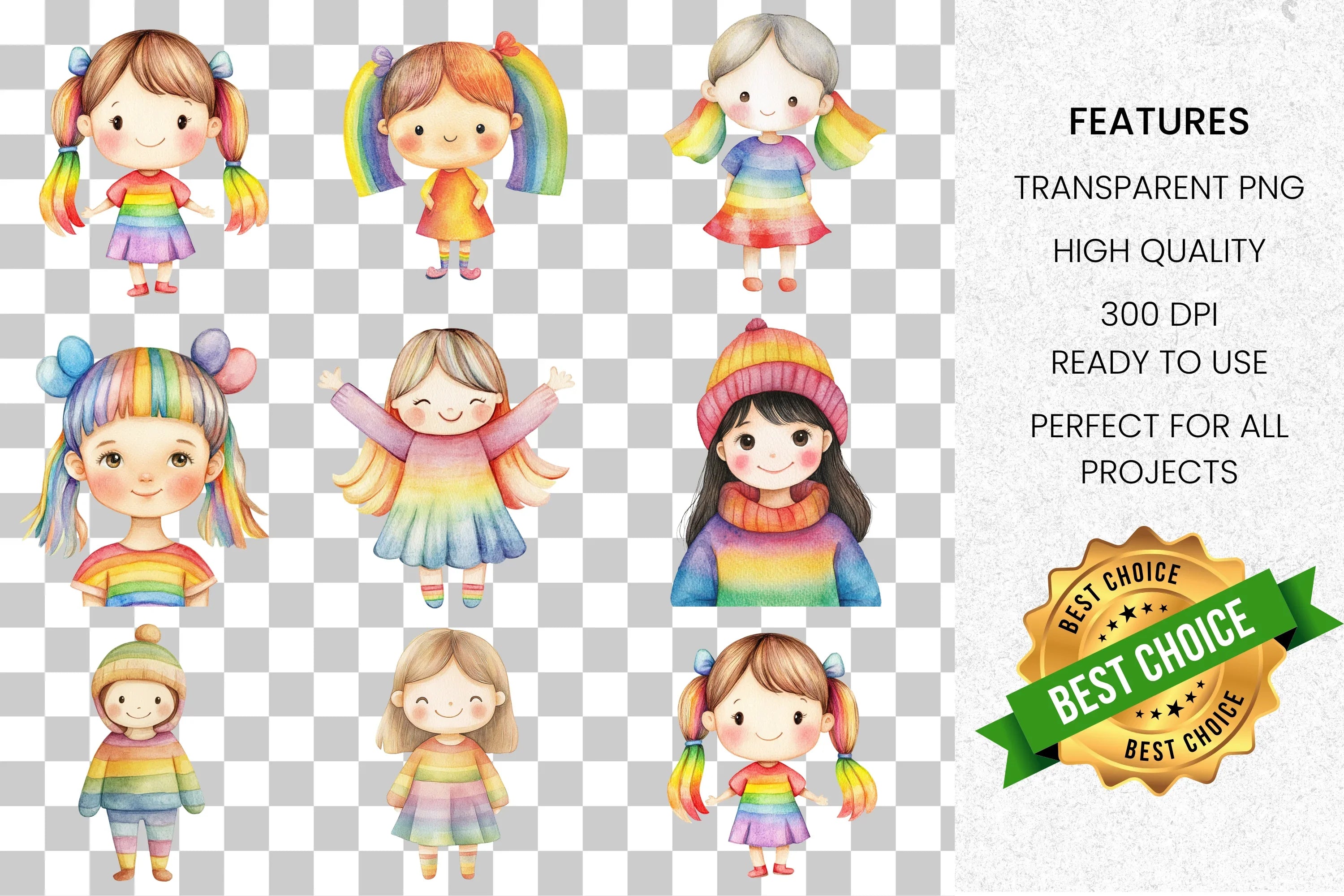 Adorable Rainbow Girls Clipart Bundle