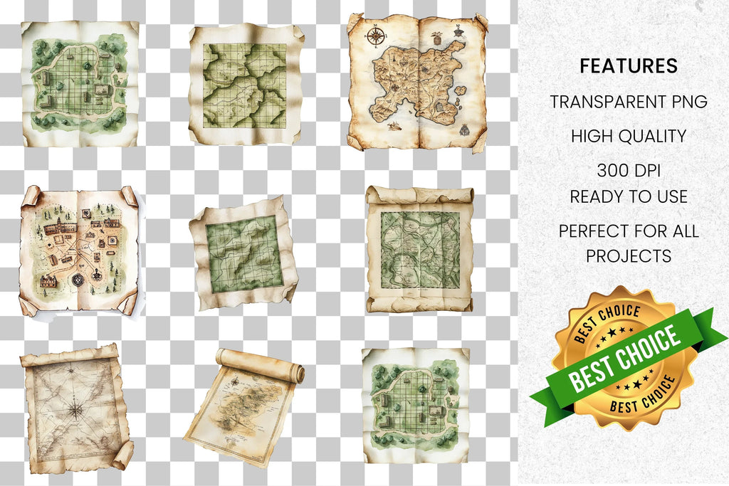 Vintage Fantasy Treasure Map Clipart Bundle