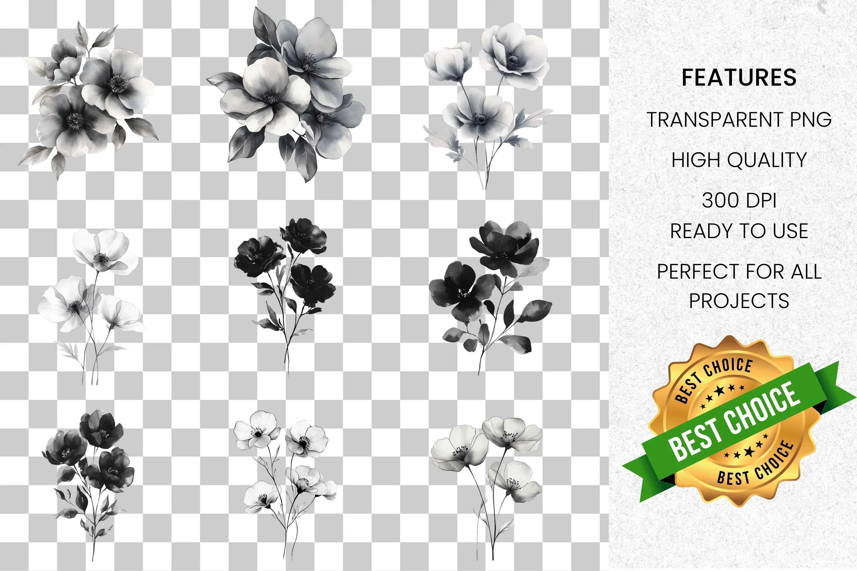 Monochrome Floral Clipart Bundle