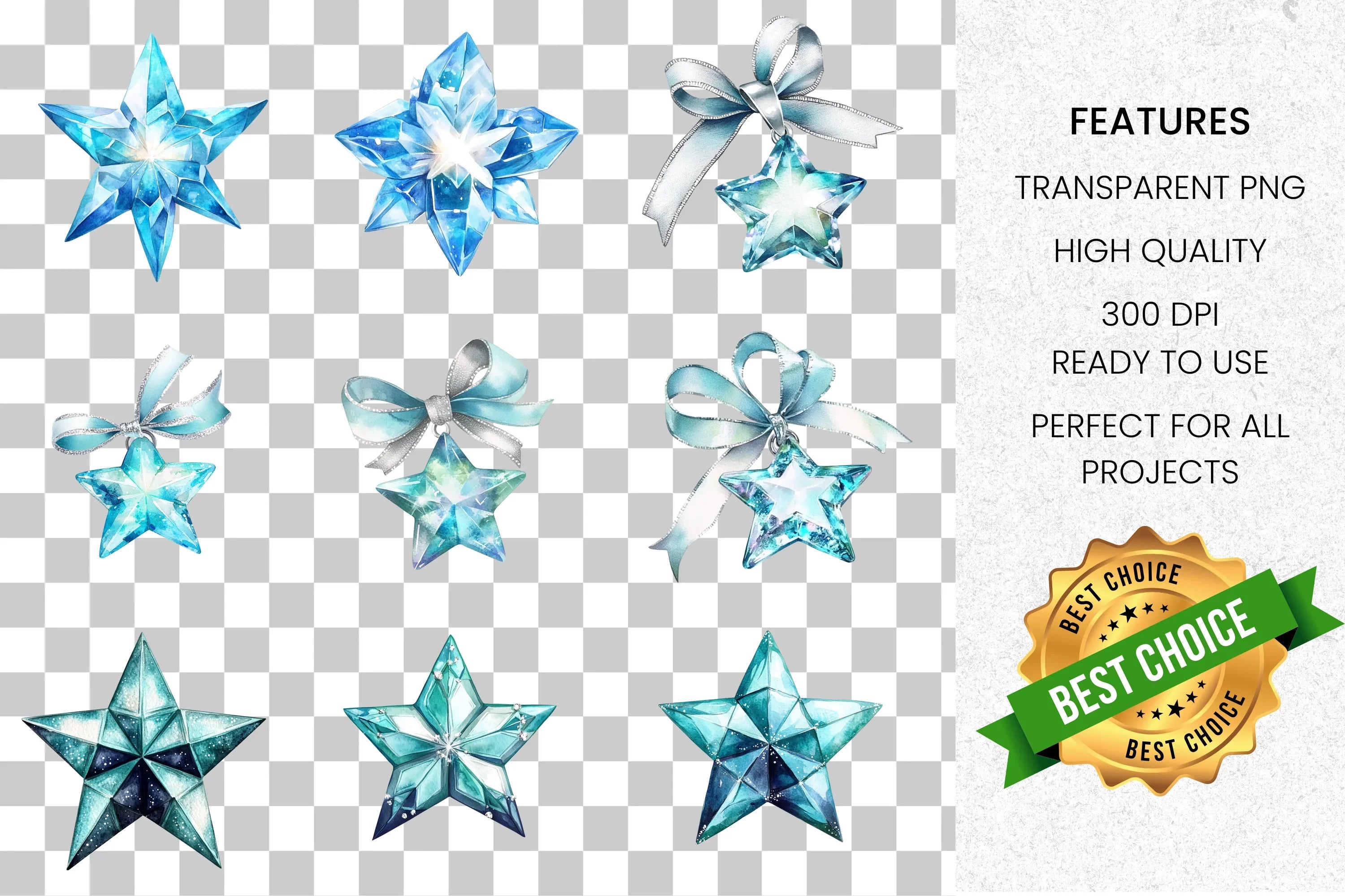 Sparkling Blue Crystal Star Clipart Bundle