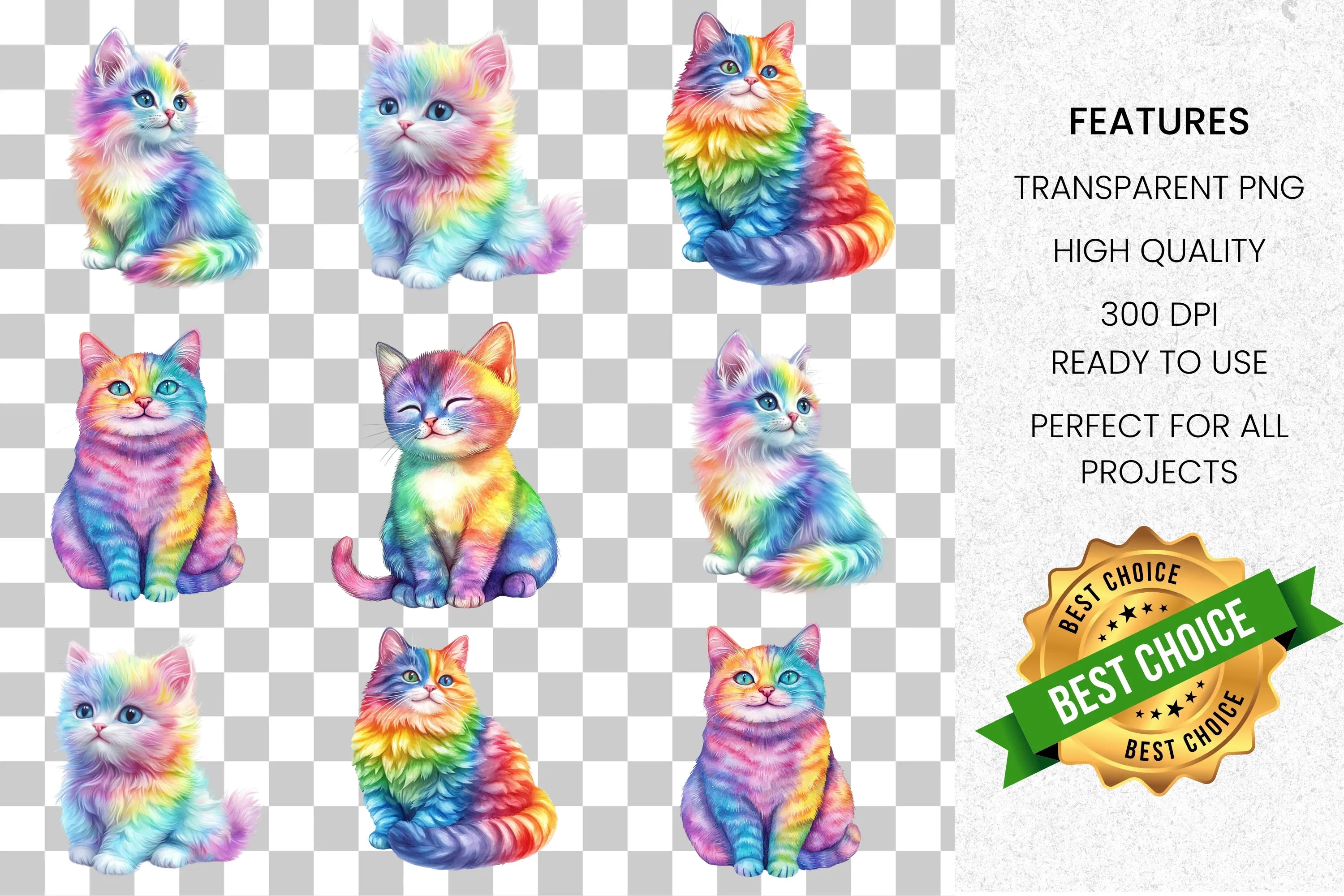 Vibrant Rainbow Kitten Clipart Bundle