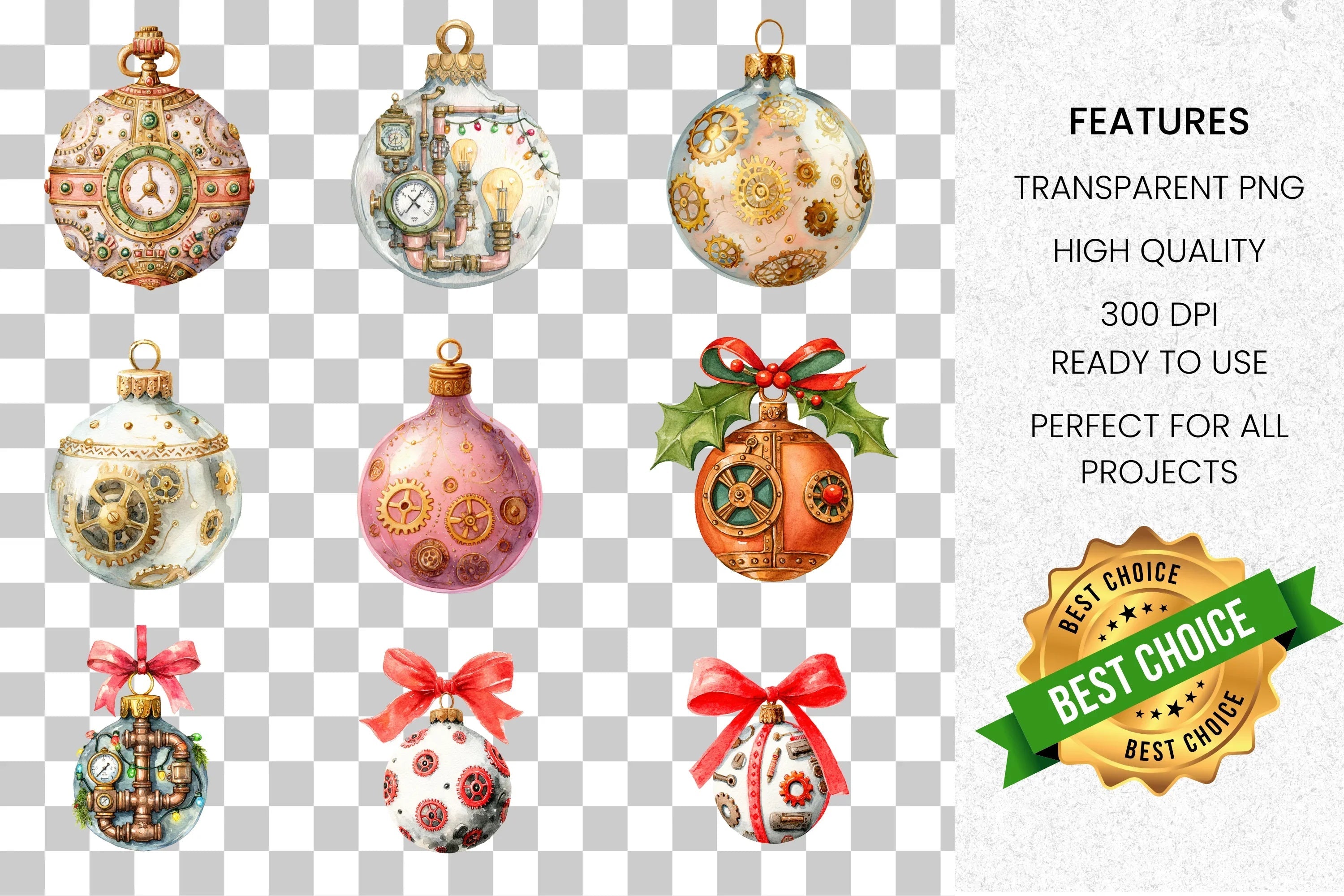 Steampunk Clockwork Christmas Tree Clipart Bundle