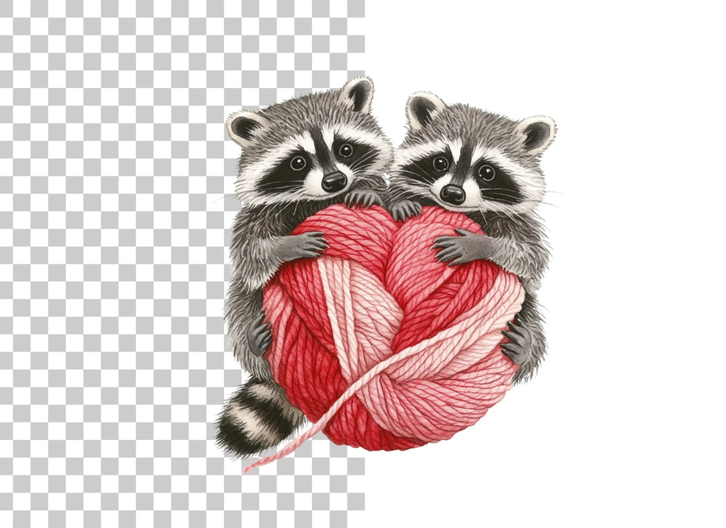 Cute Raccoons with Yarn Heart Clipart Bundle