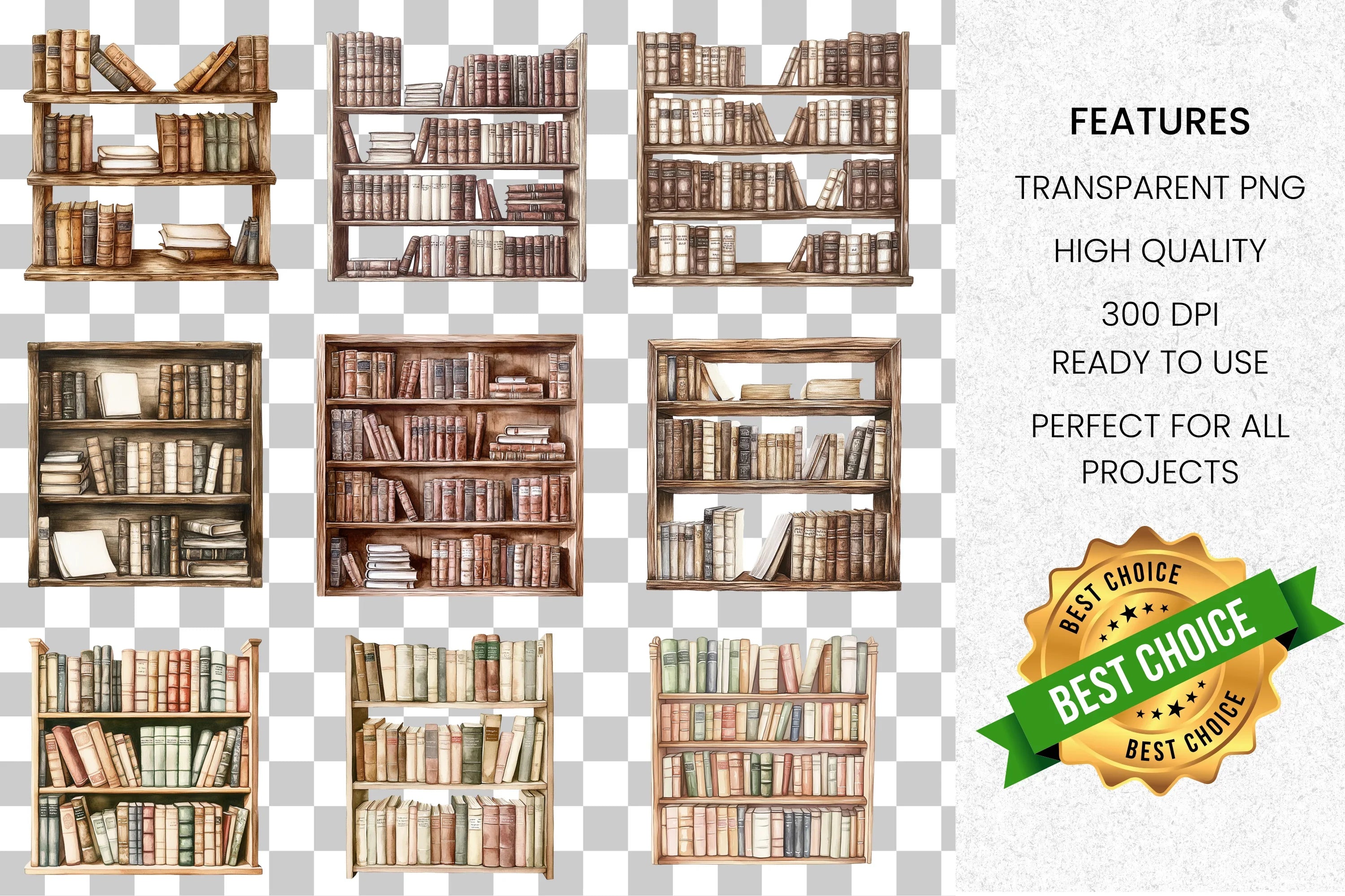 Vintage Bookshelf Clipart Bundle
