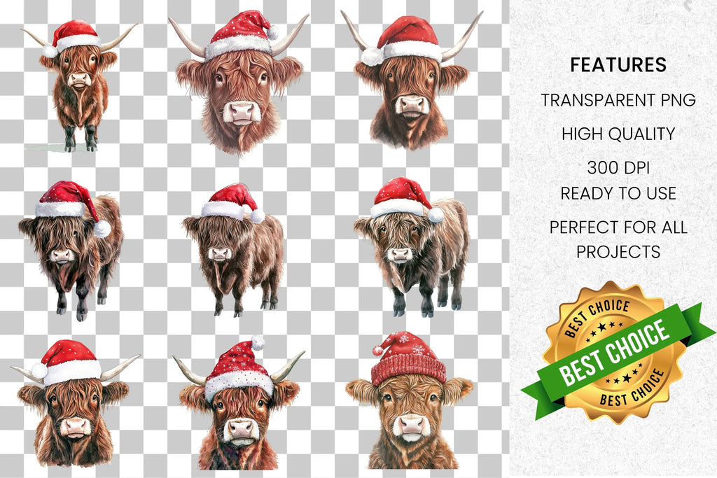 Cute Highland Cow Christmas Clipart Bundle