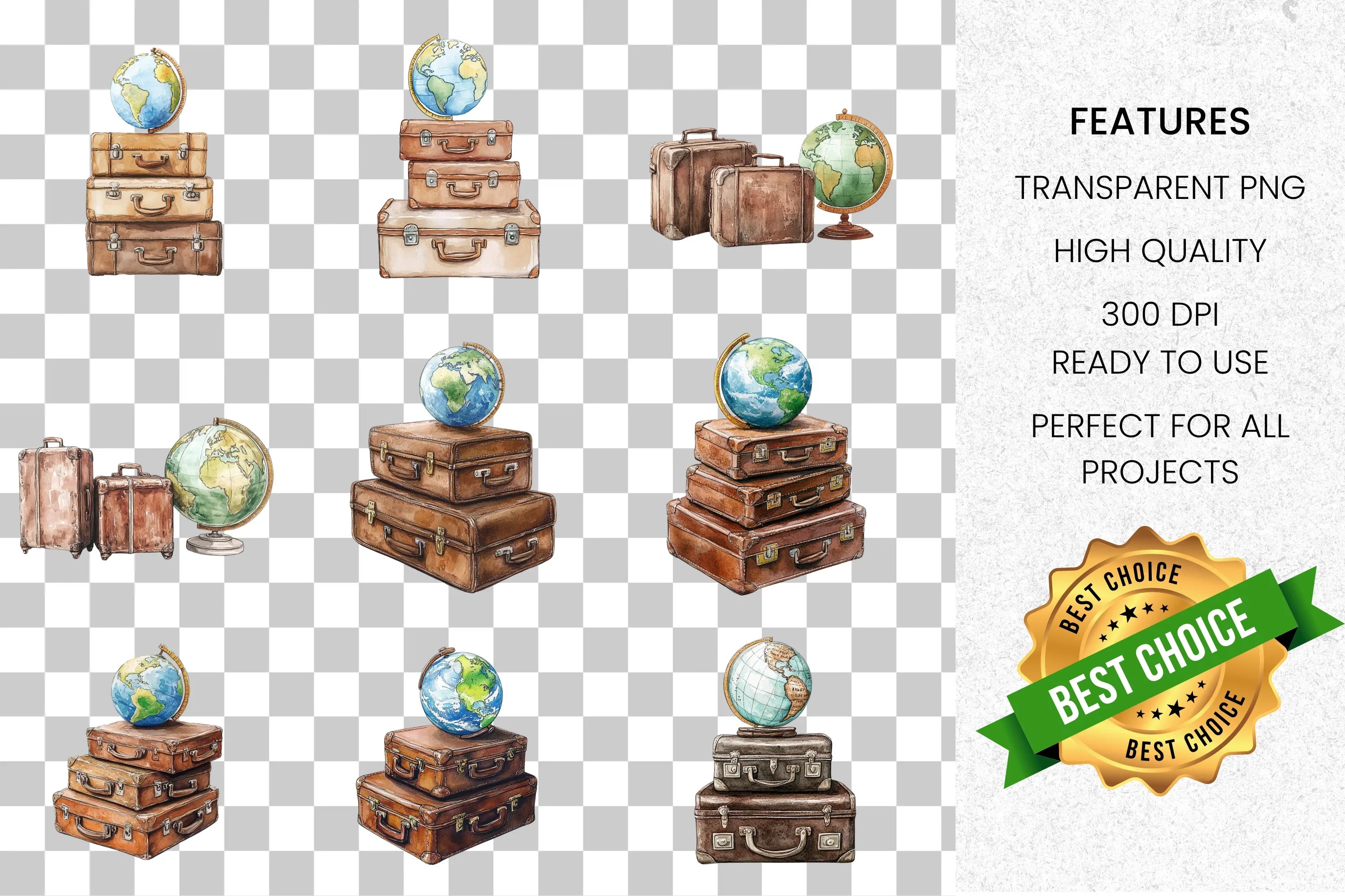 Vintage Travel Suitcase Globe Clipart Bundle