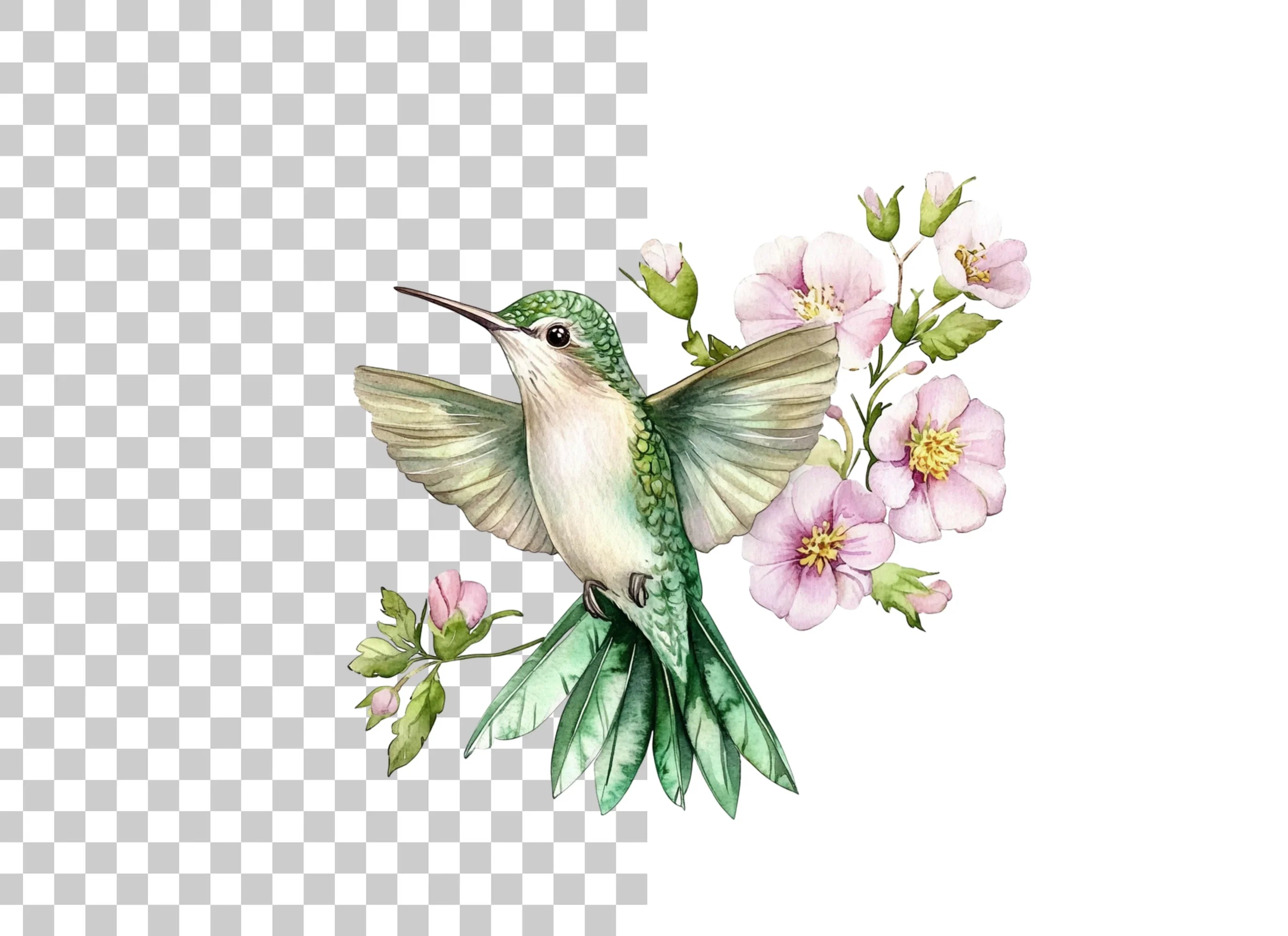 Hummingbird and Pink Flowers Clipart Bundle