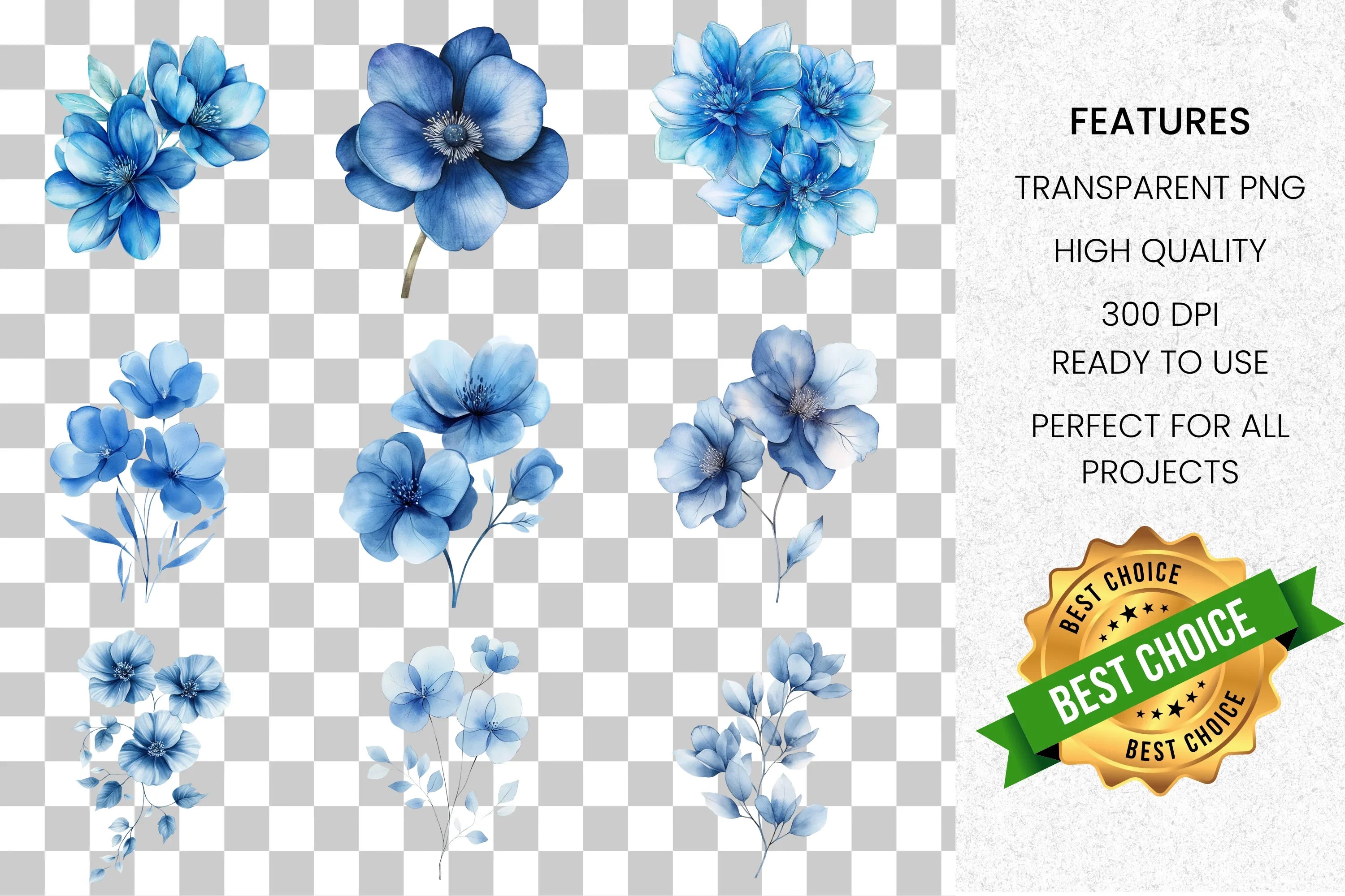 Blue Floral Clipart Bundle