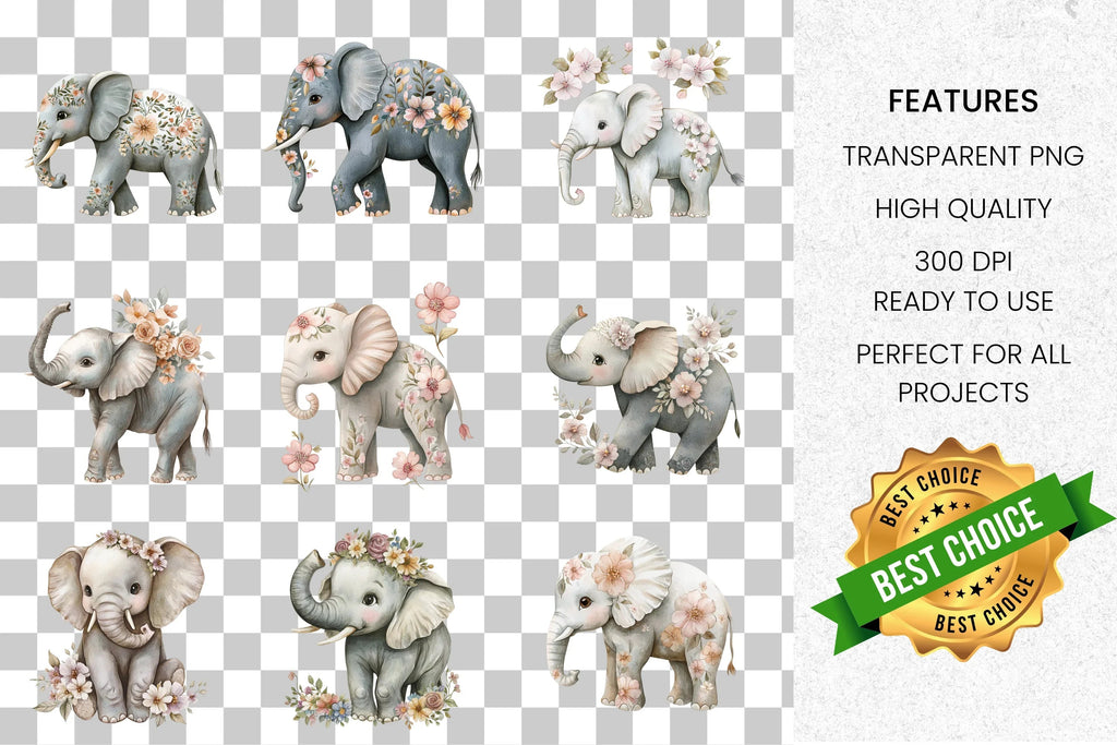 Floral Baby Elephant Clipart Bundle