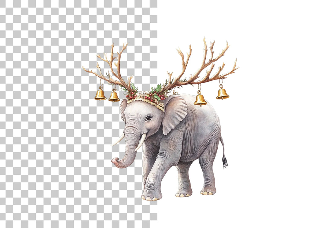 Christmas Elephant with Antlers Clipart Bundle