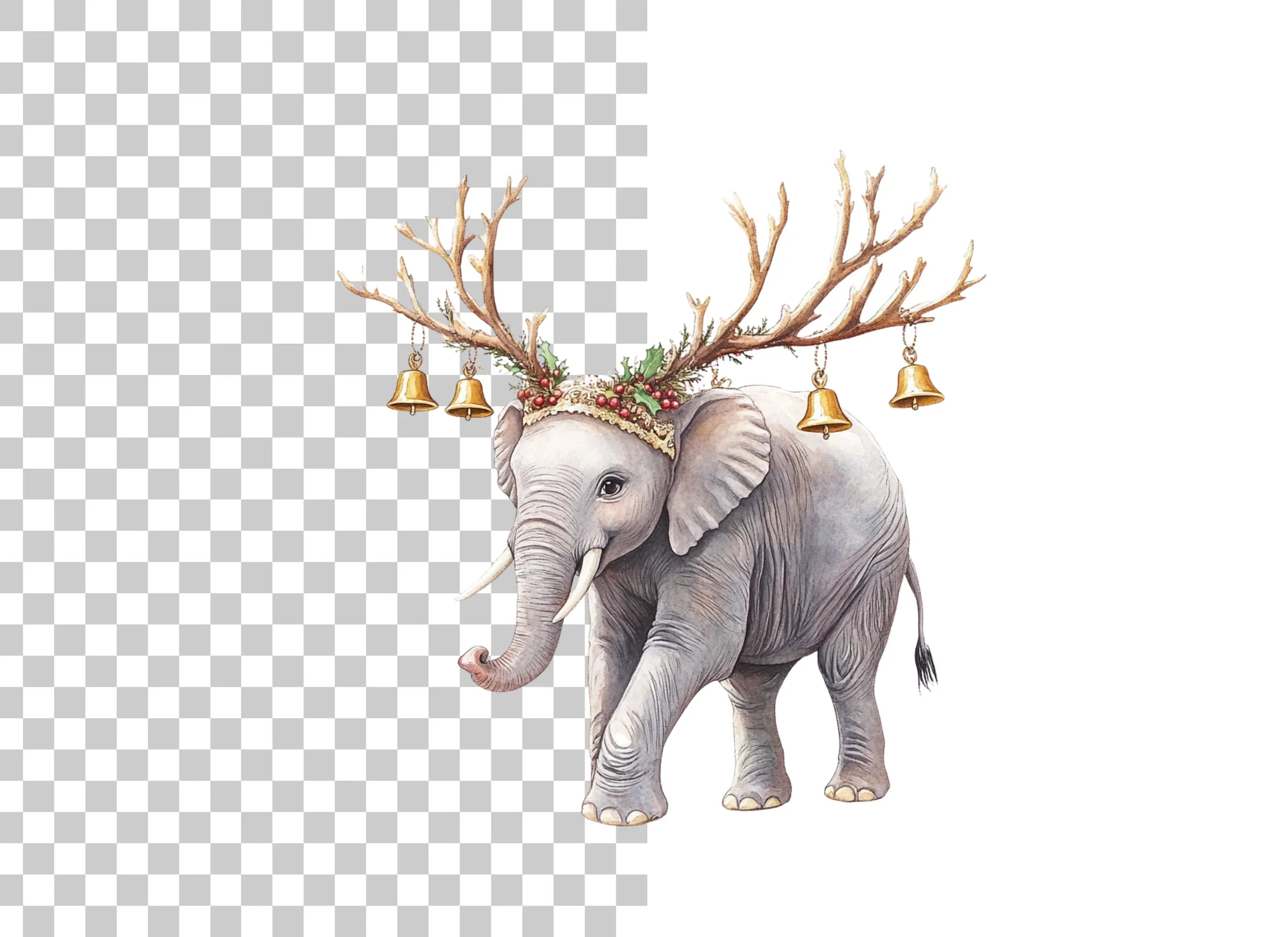 Christmas Elephant with Antlers Clipart Bundle