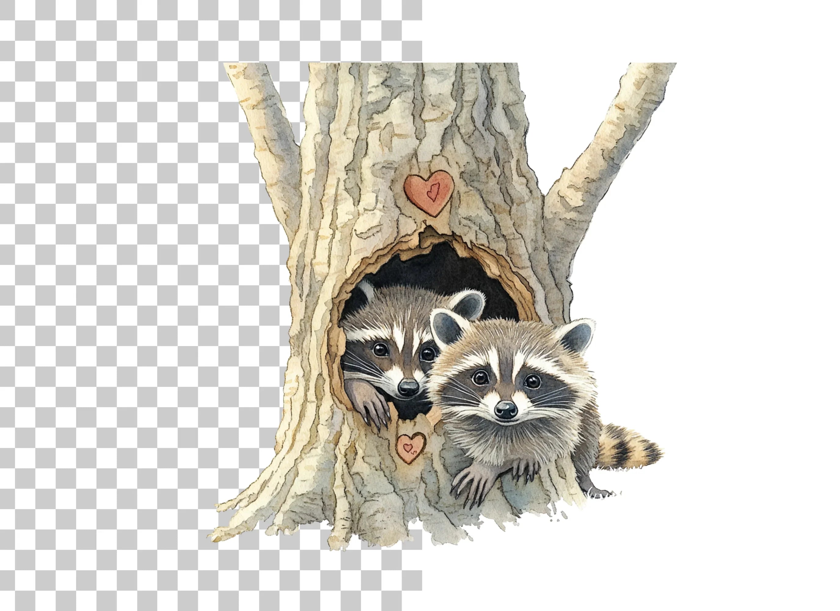 Raccoon Couple in Tree Hole Clipart Bundle