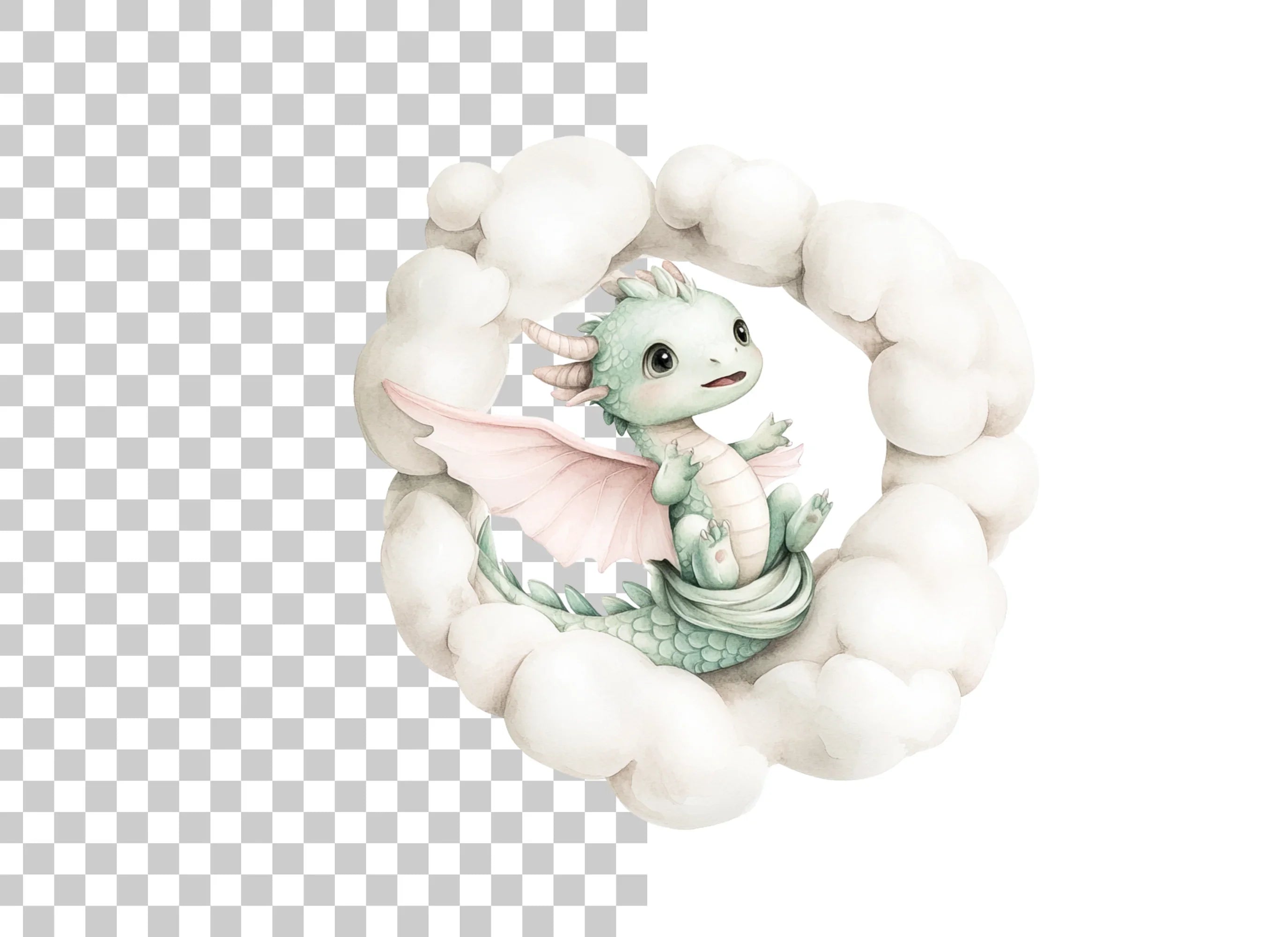 Sweet Green Baby Dragon in Clouds Clipart Bundle