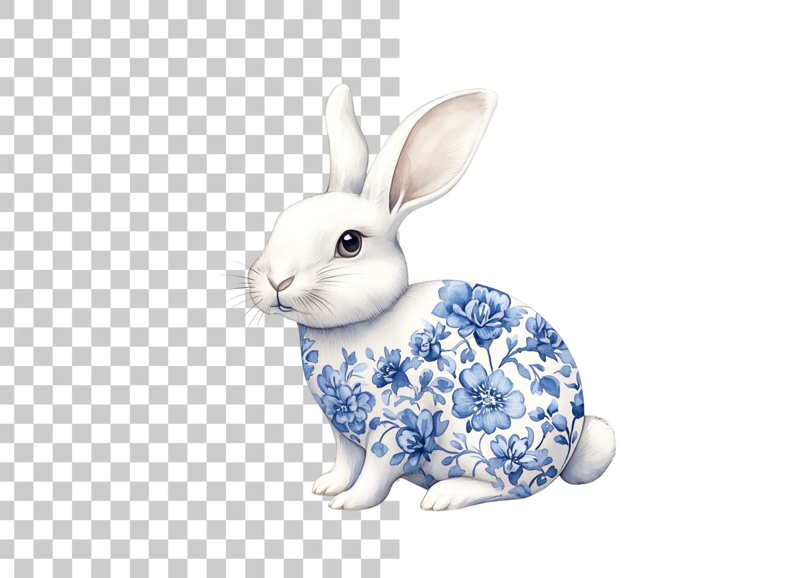 Blue and White Floral Bunny Clipart Bundle