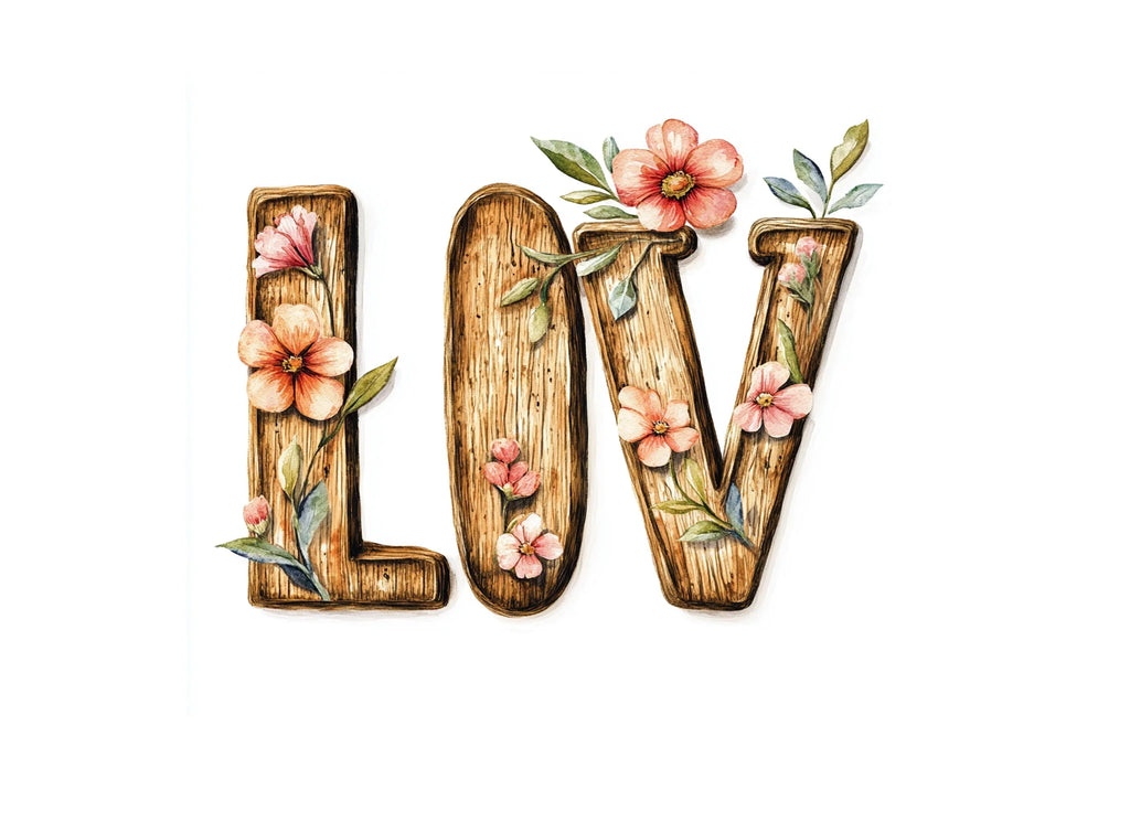Floral Wooden Love Letters Clipart Bundle