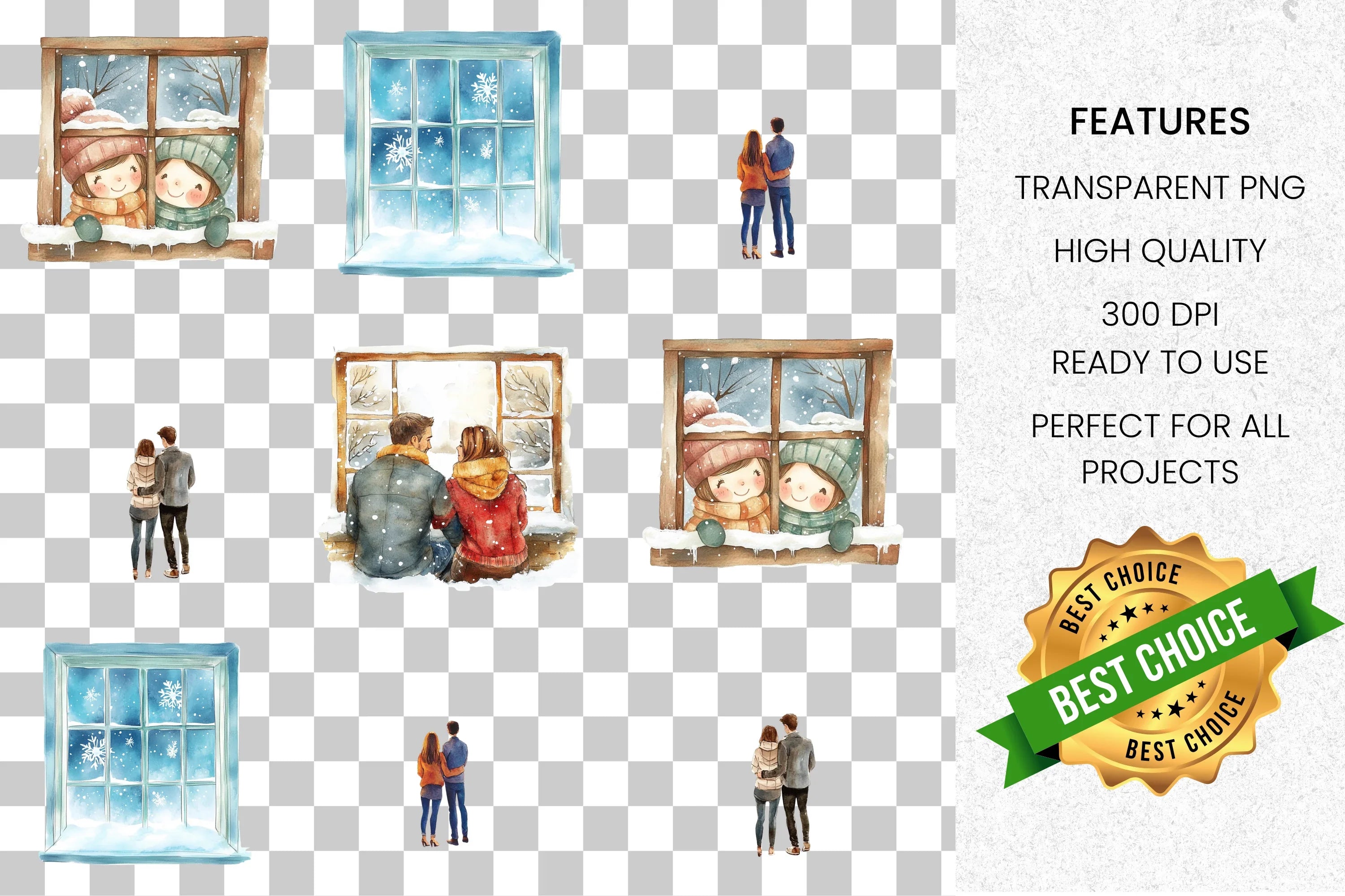 Snowy Window Winter Couple Clipart Bundle