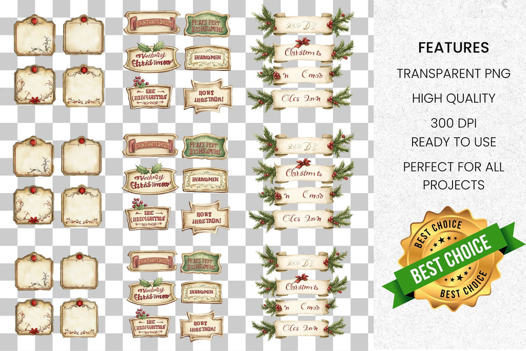 Vintage Christmas Labels Tags Clipart Bundle
