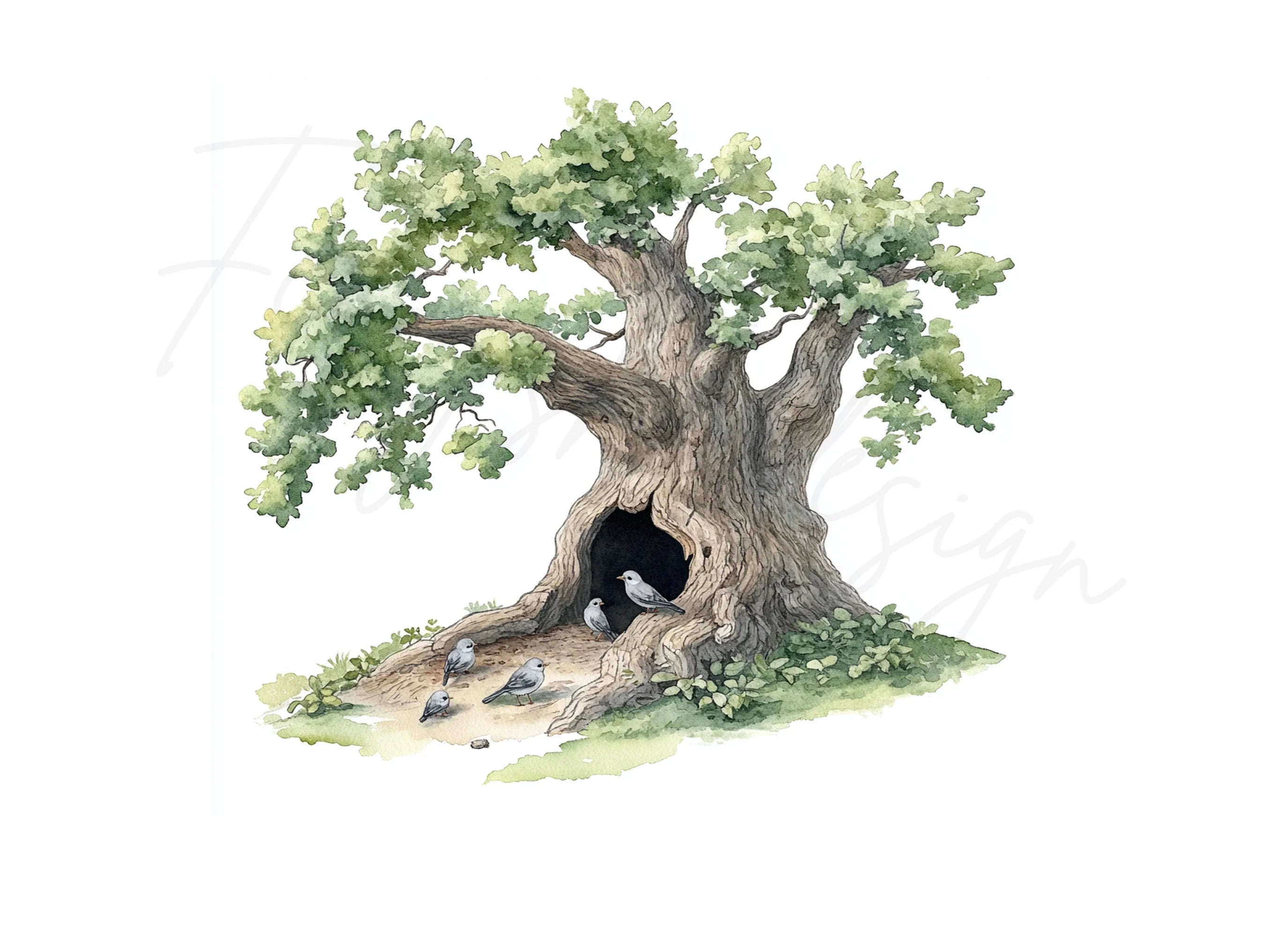 Hollow Tree with Birds Clipart Bundle
