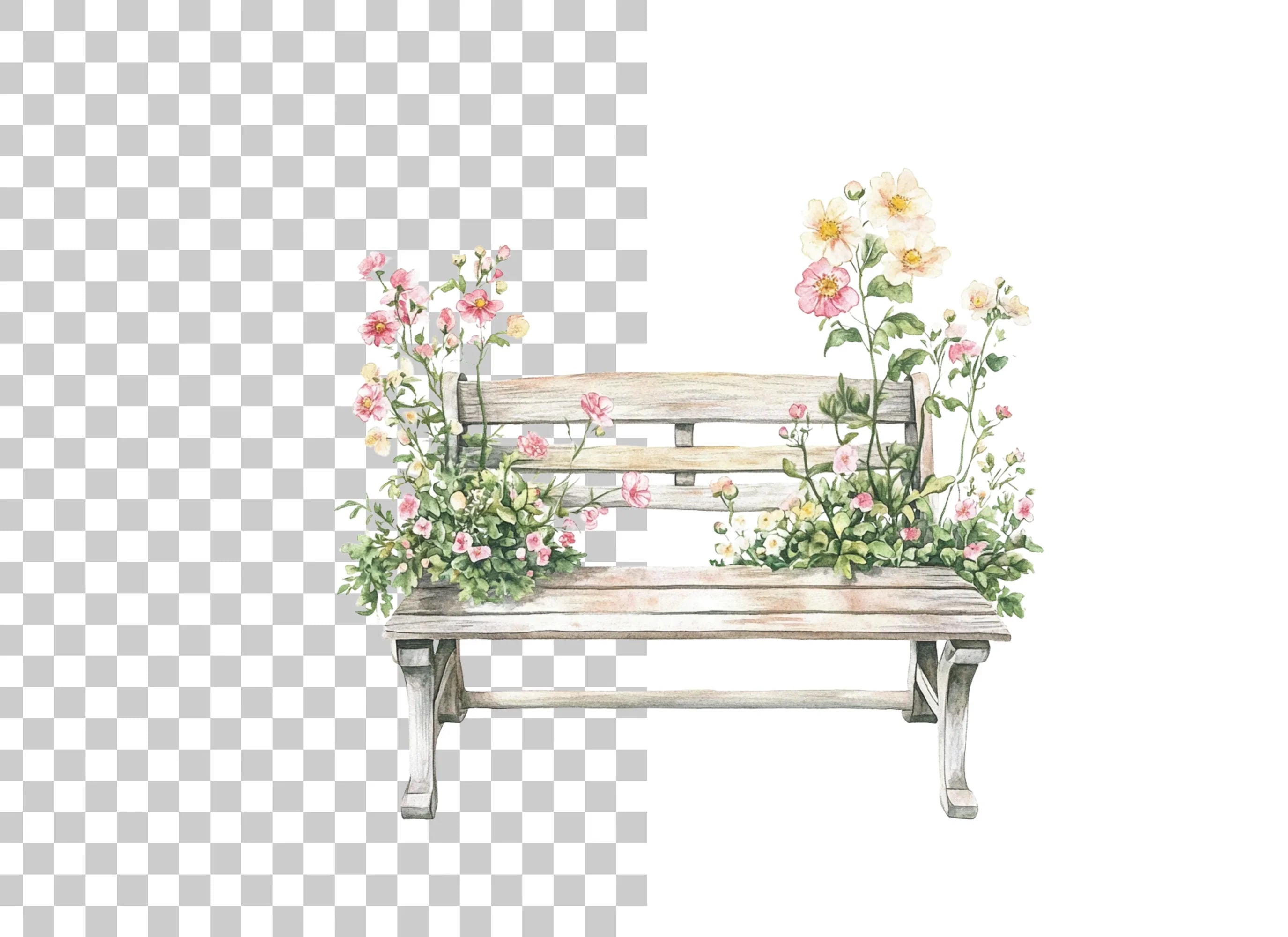 Bench with Pink Flowers Clipart Bundle