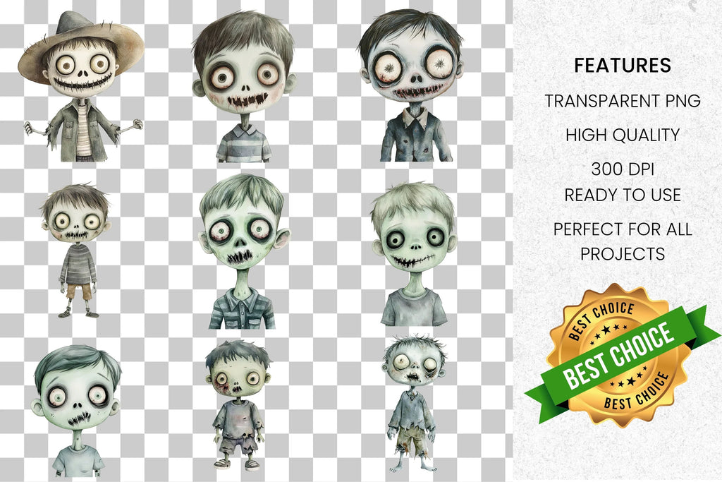 Spooky Cute Zombie Boy Halloween Clipart Bundle