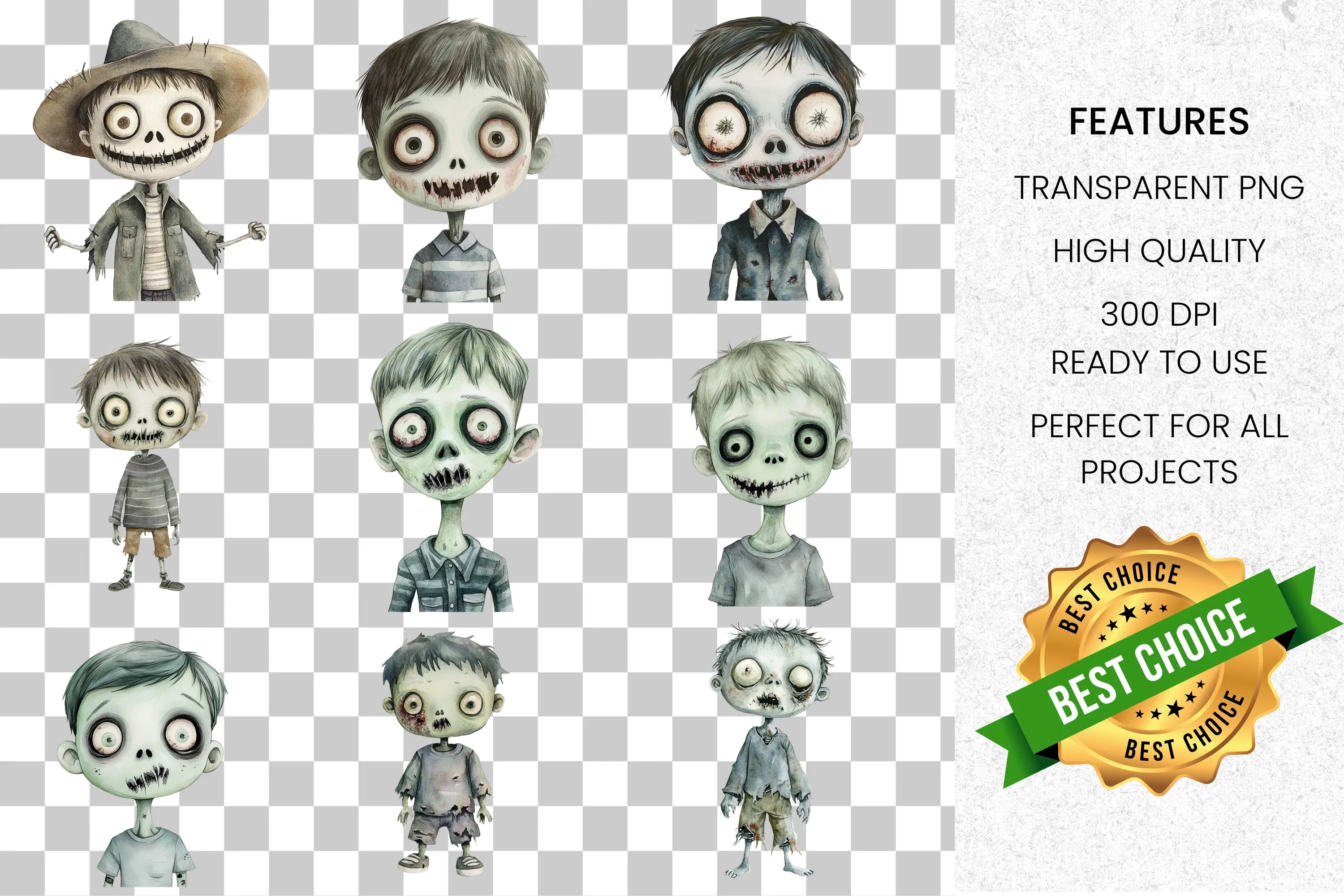 Spooky Cute Zombie Boy Halloween Clipart Bundle
