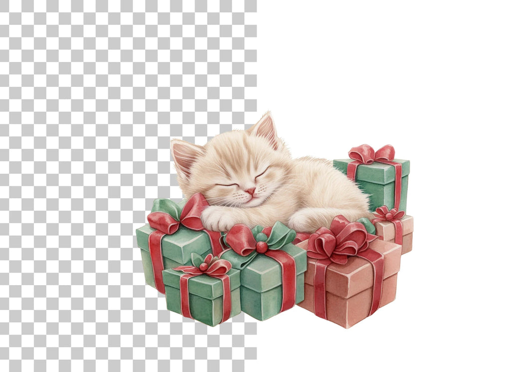 Sleeping Kitten on Christmas Gifts Clipart Bundle
