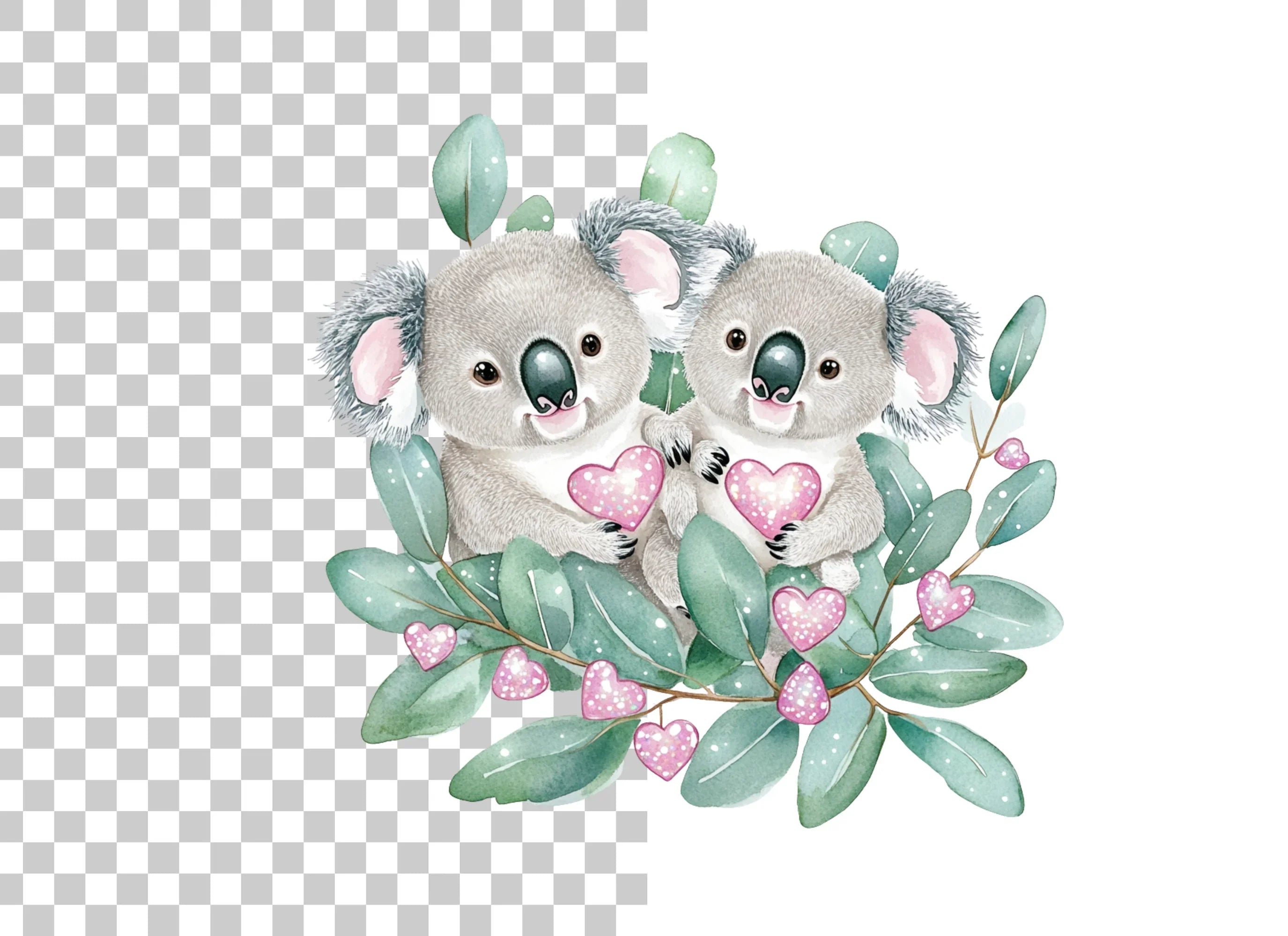 Cute Koala Couple with Pink Hearts Clipart Bundle