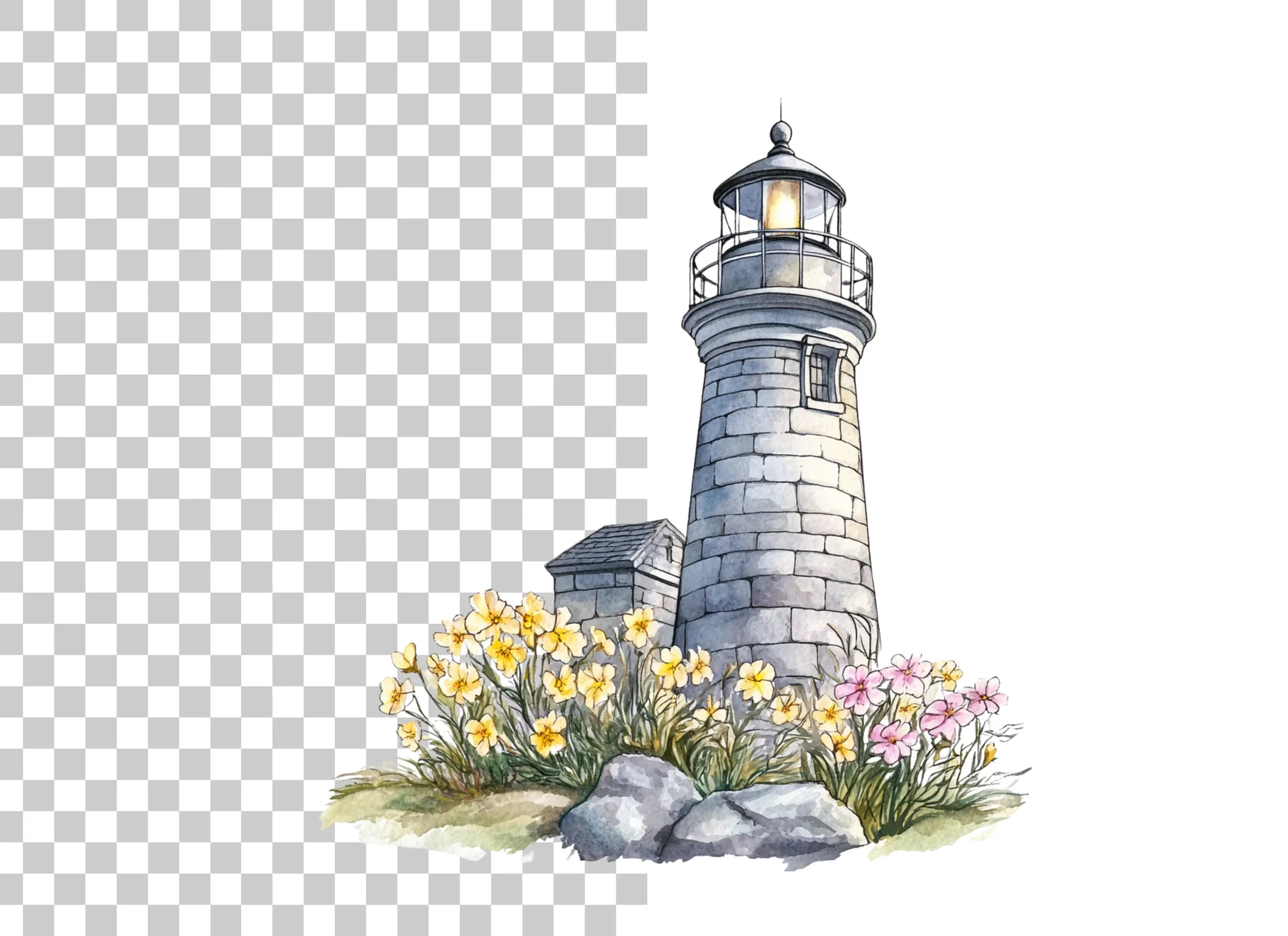 Stone Lighthouse with Flowers Clipart Bundle