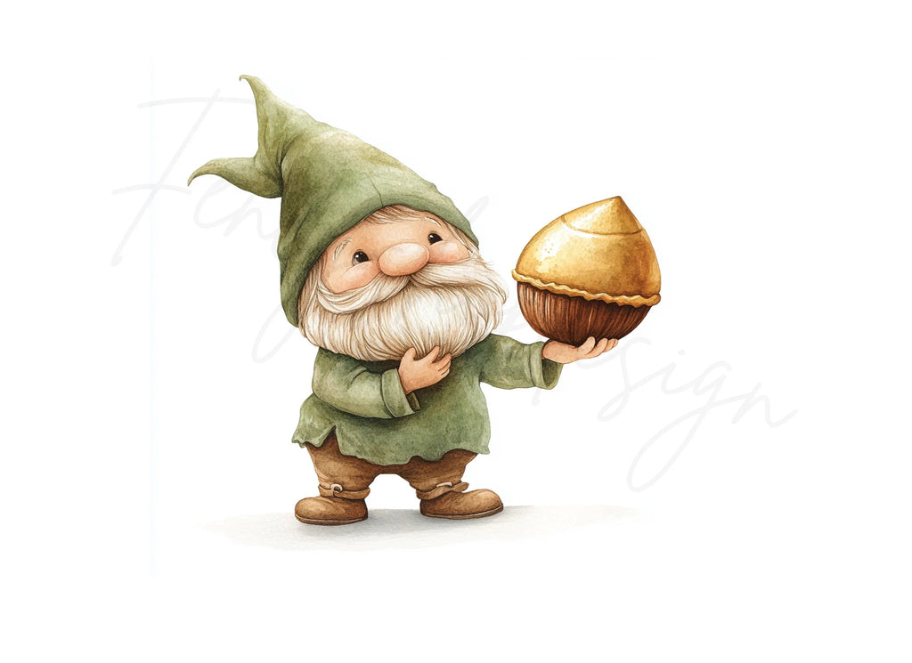 Cute Garden Gnome with Golden Acorn Clipart Bundle