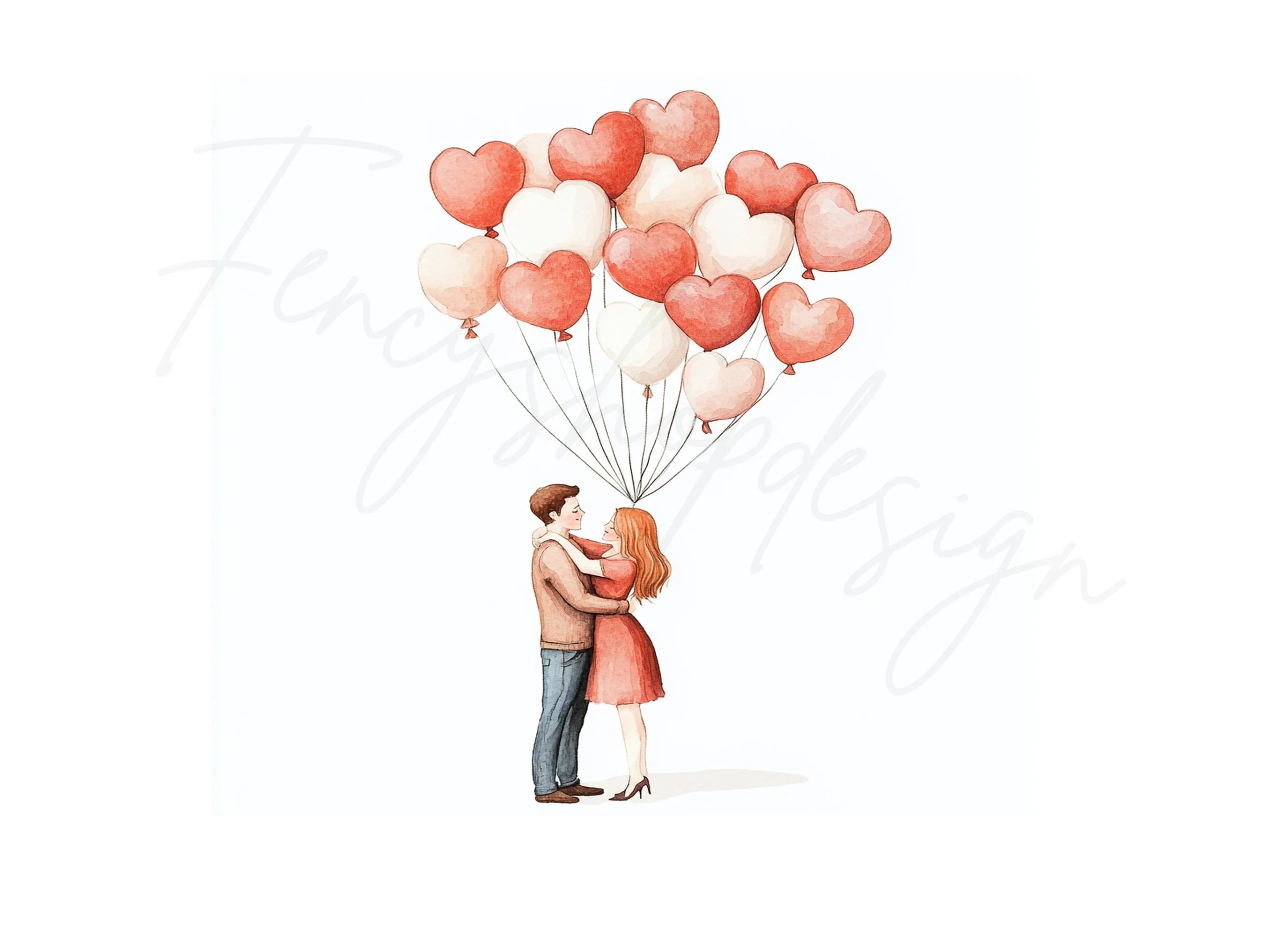 Romantic Couple with Heart Balloons Clipart Bundle