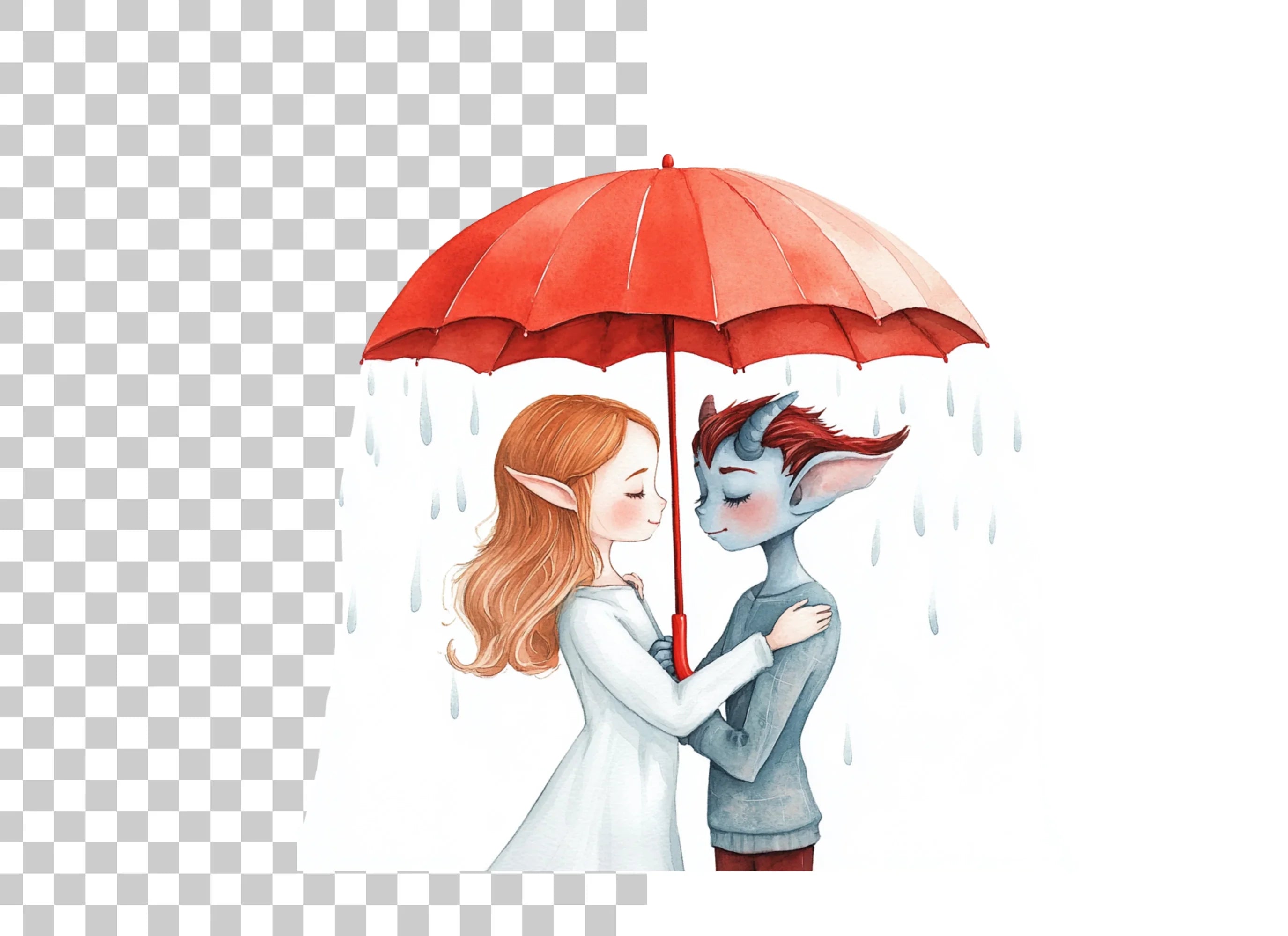 Fantasy Couple Under Red Umbrella Clipart Bundle