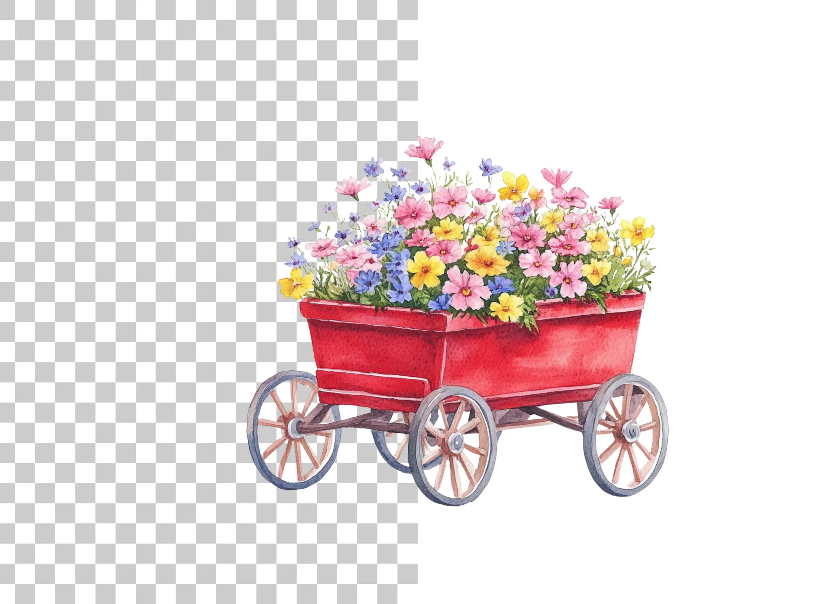 Red Wagon with Spring Flowers Clipart Bundle