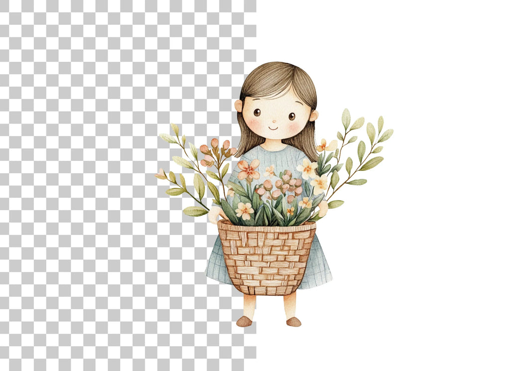 Sweet Girl with Flower Basket Clipart Bundle