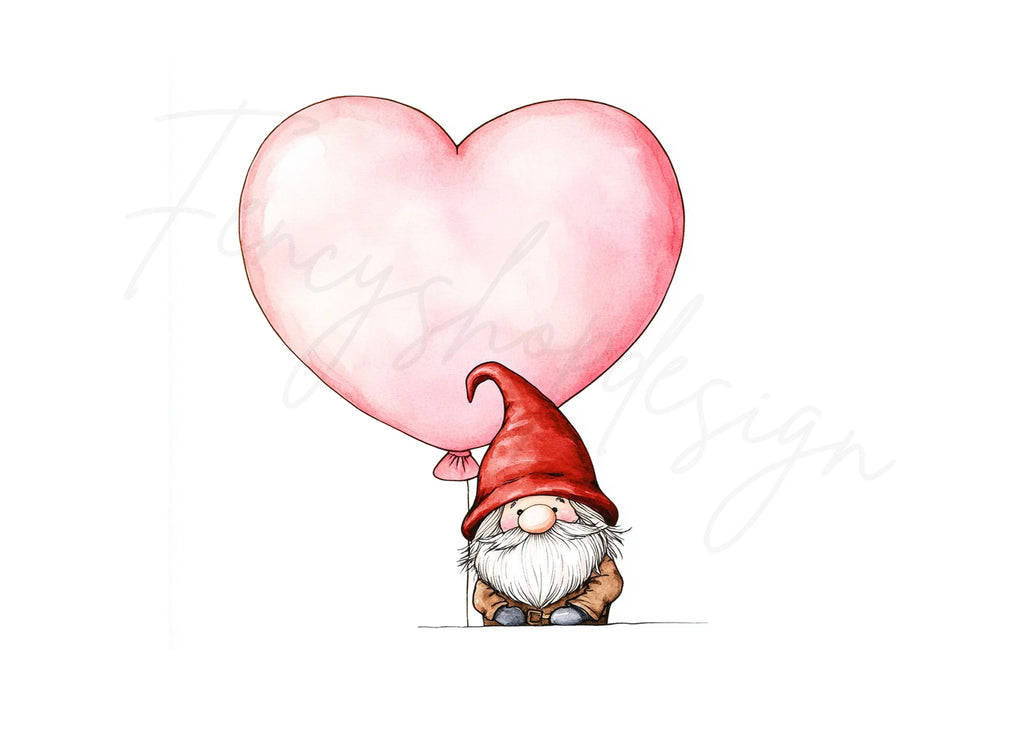 Cute Gnomes with Pink Heart Balloons Clipart Bundle