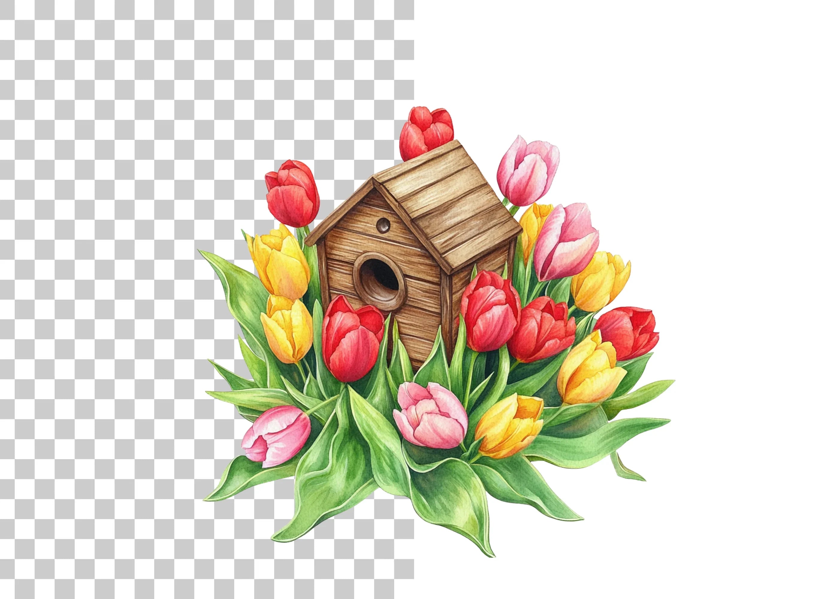 Colorful Tulips Birdhouse Clipart Bundle