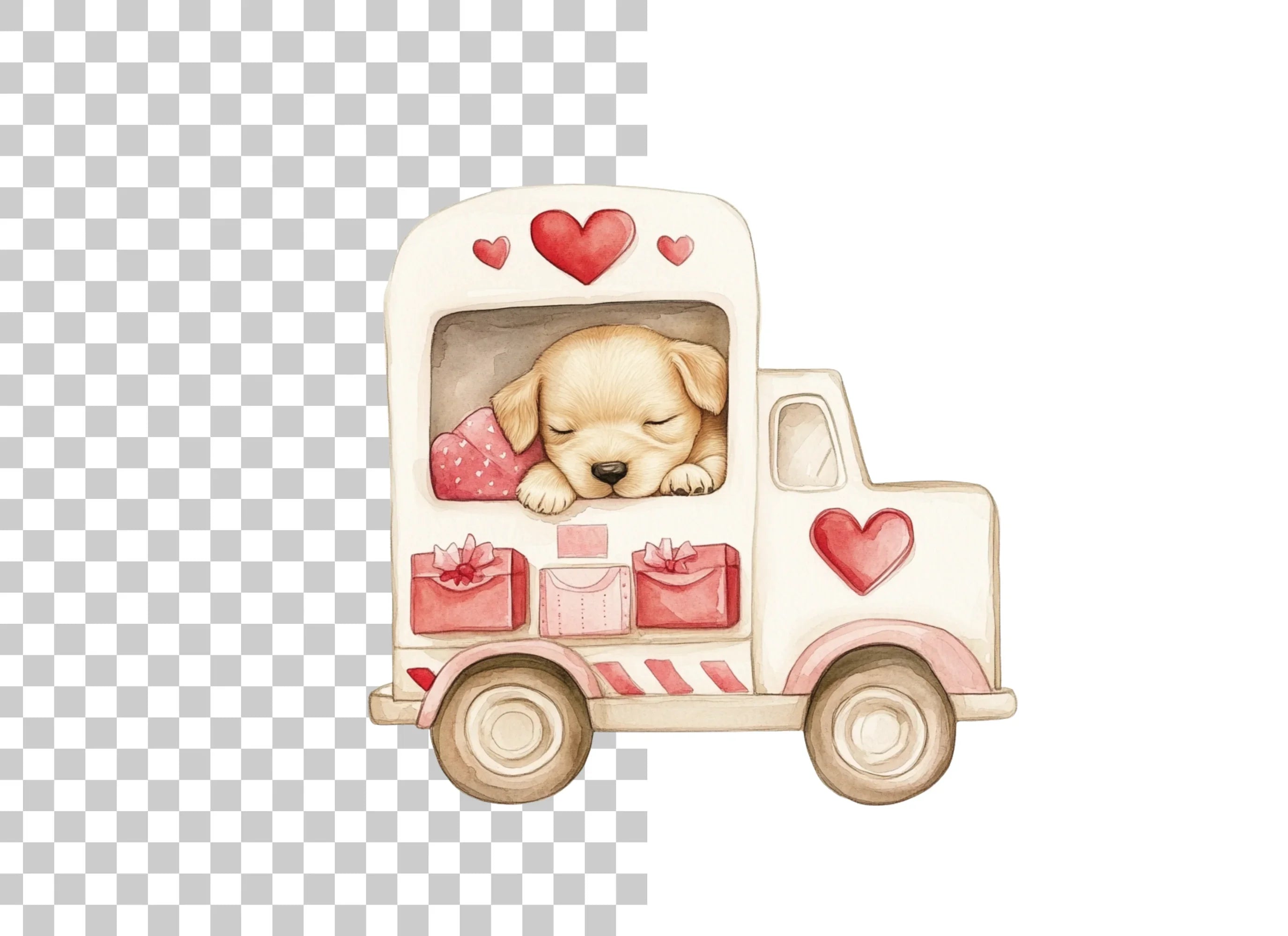 Sleeping Puppies in Love Trucks Clipart Bundle