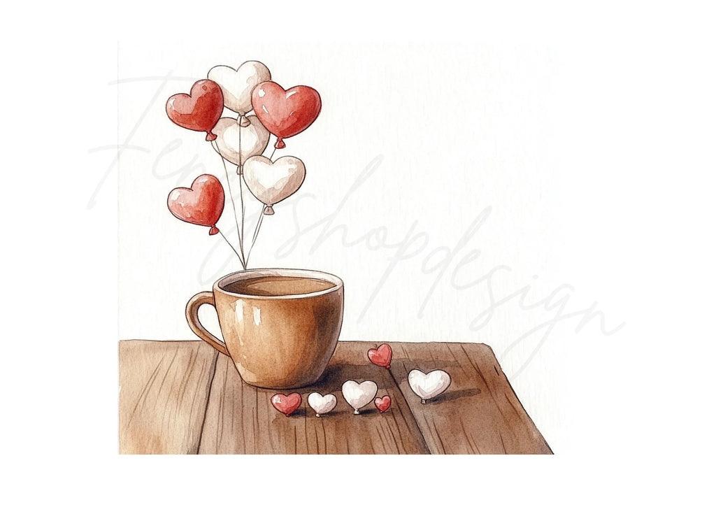 Coffee Cup Heart Balloons Clipart Bundle