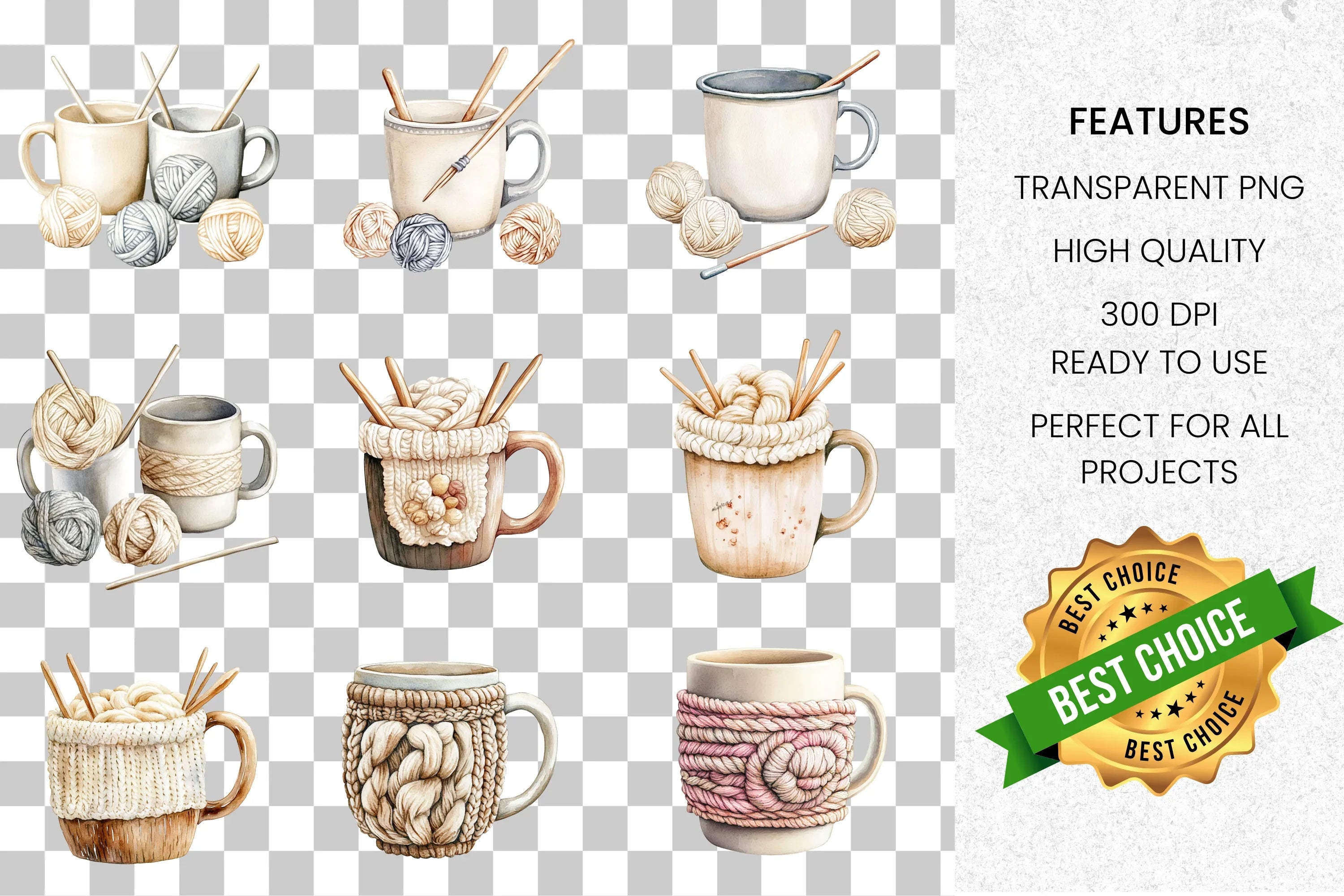 Cozy Knitted Mugs Yarn Crafts Clipart Bundle