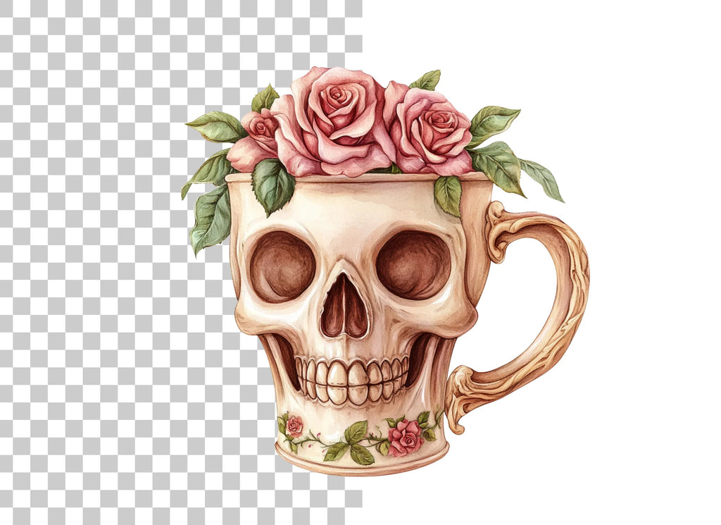 Skull with Pink Roses Clipart Bundle