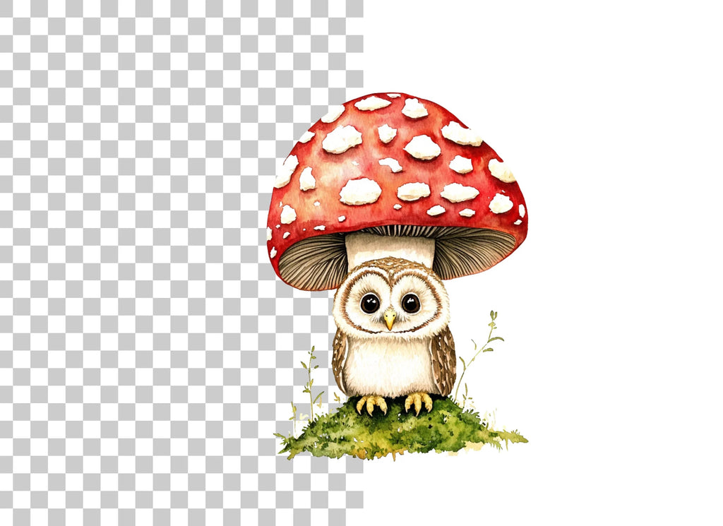 Whimsical Owls on Mushroom Clipart Bundle